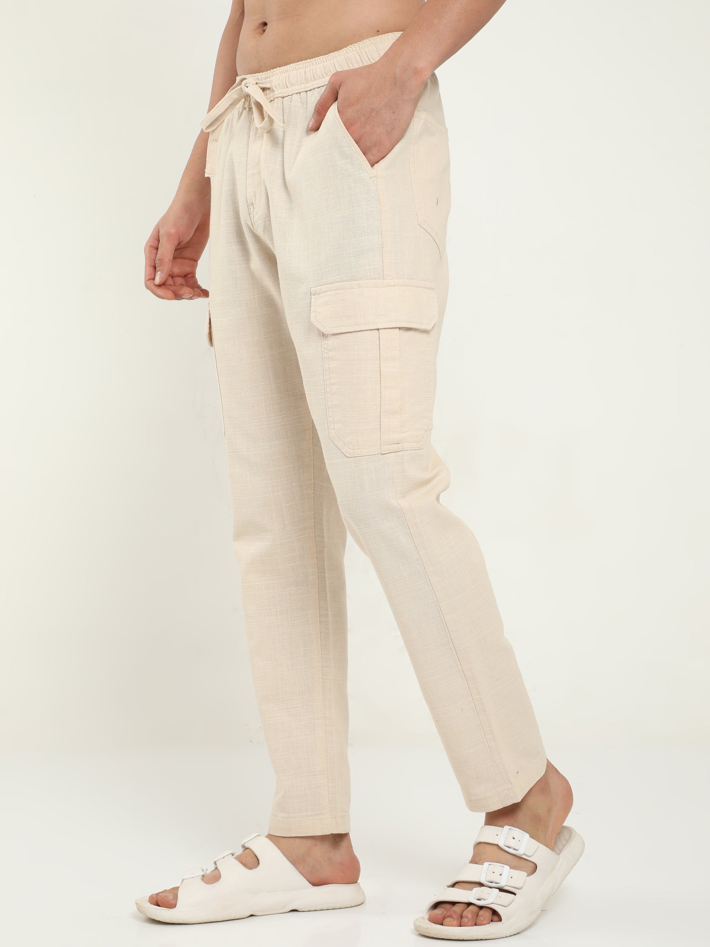 Beige Lazy Linen Trousers For Men