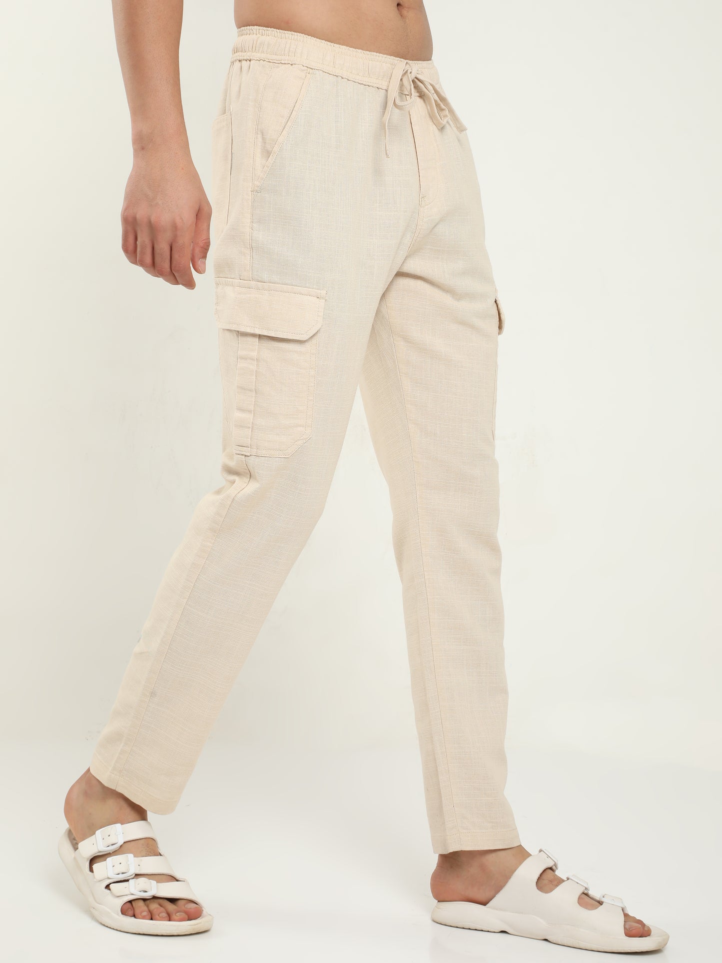 Beige Lazy Linen Trousers For Men