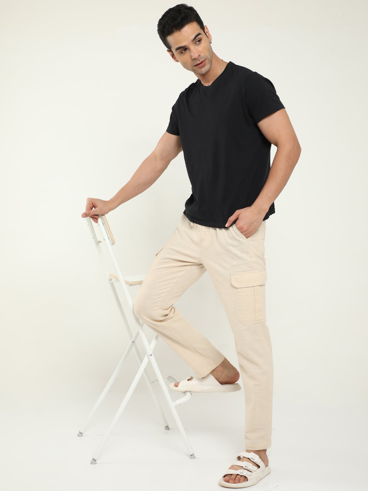 Beige Lazy Linen Trousers For Men