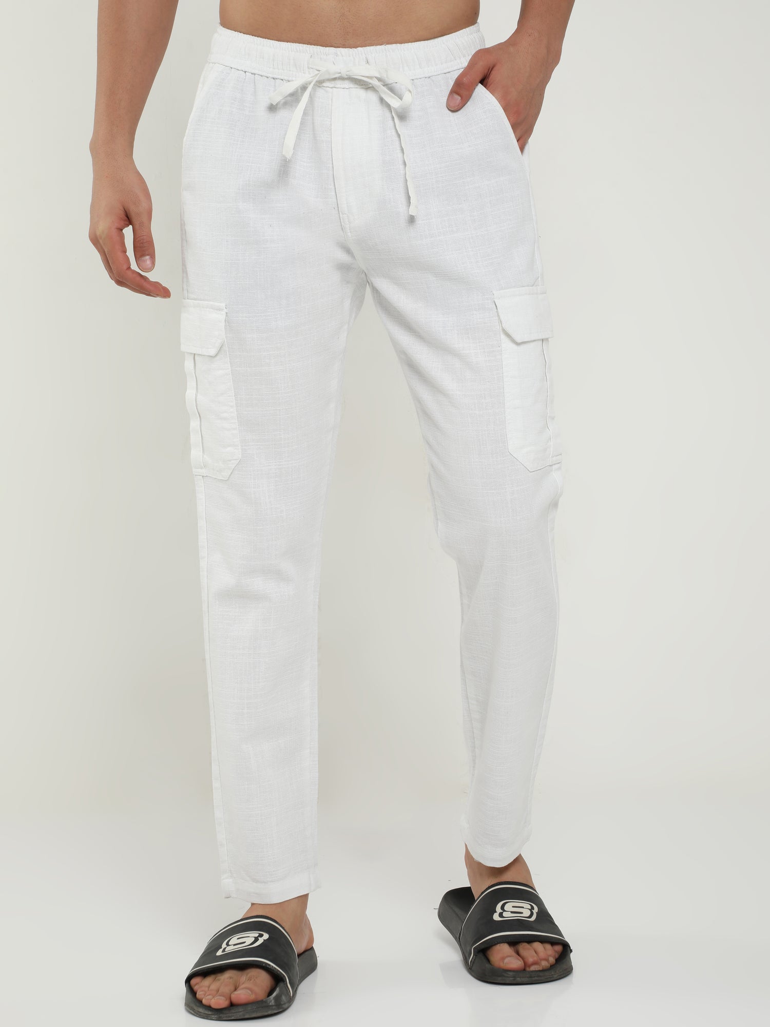 White Lazy Linen Trousers For Men