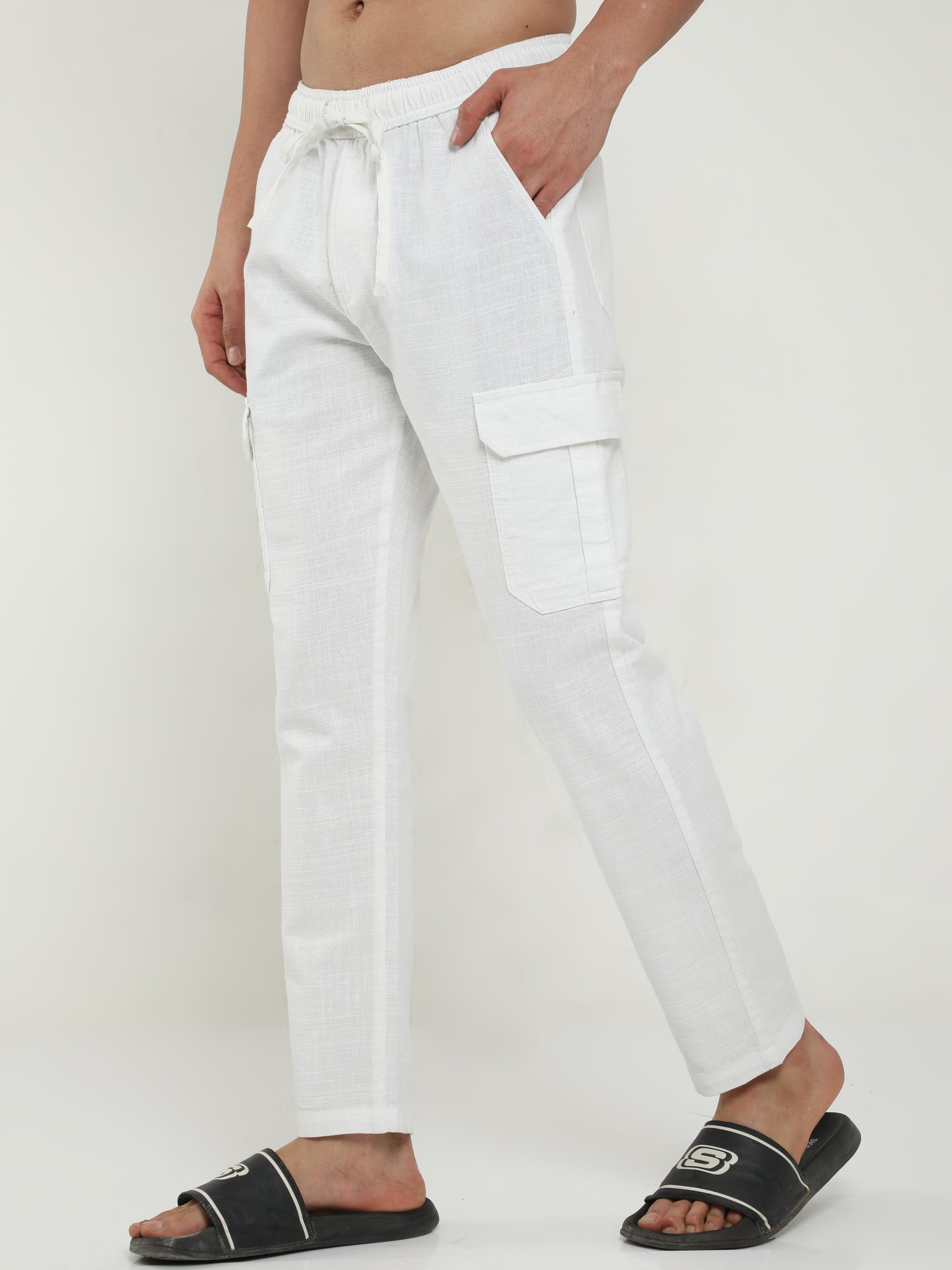 White Lazy Linen Trousers For Men