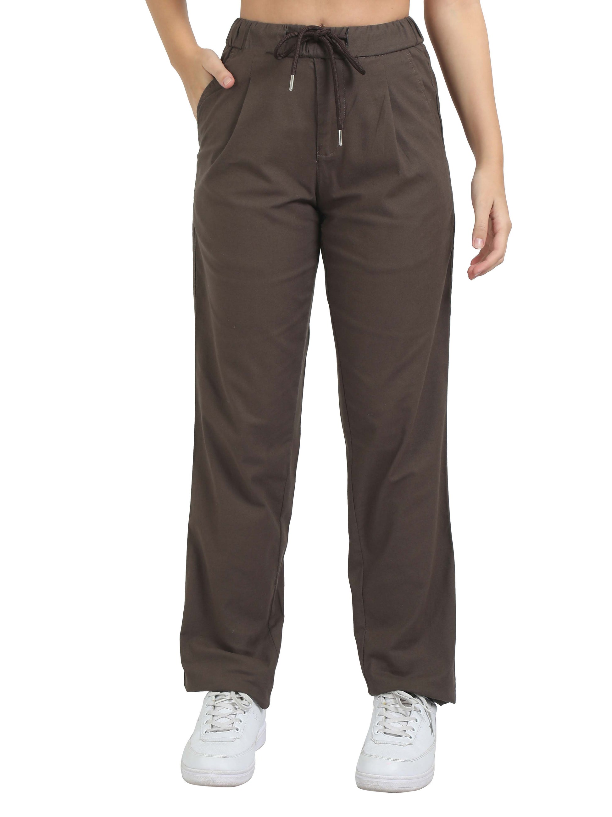 Women Brown Pleated Linen Pants