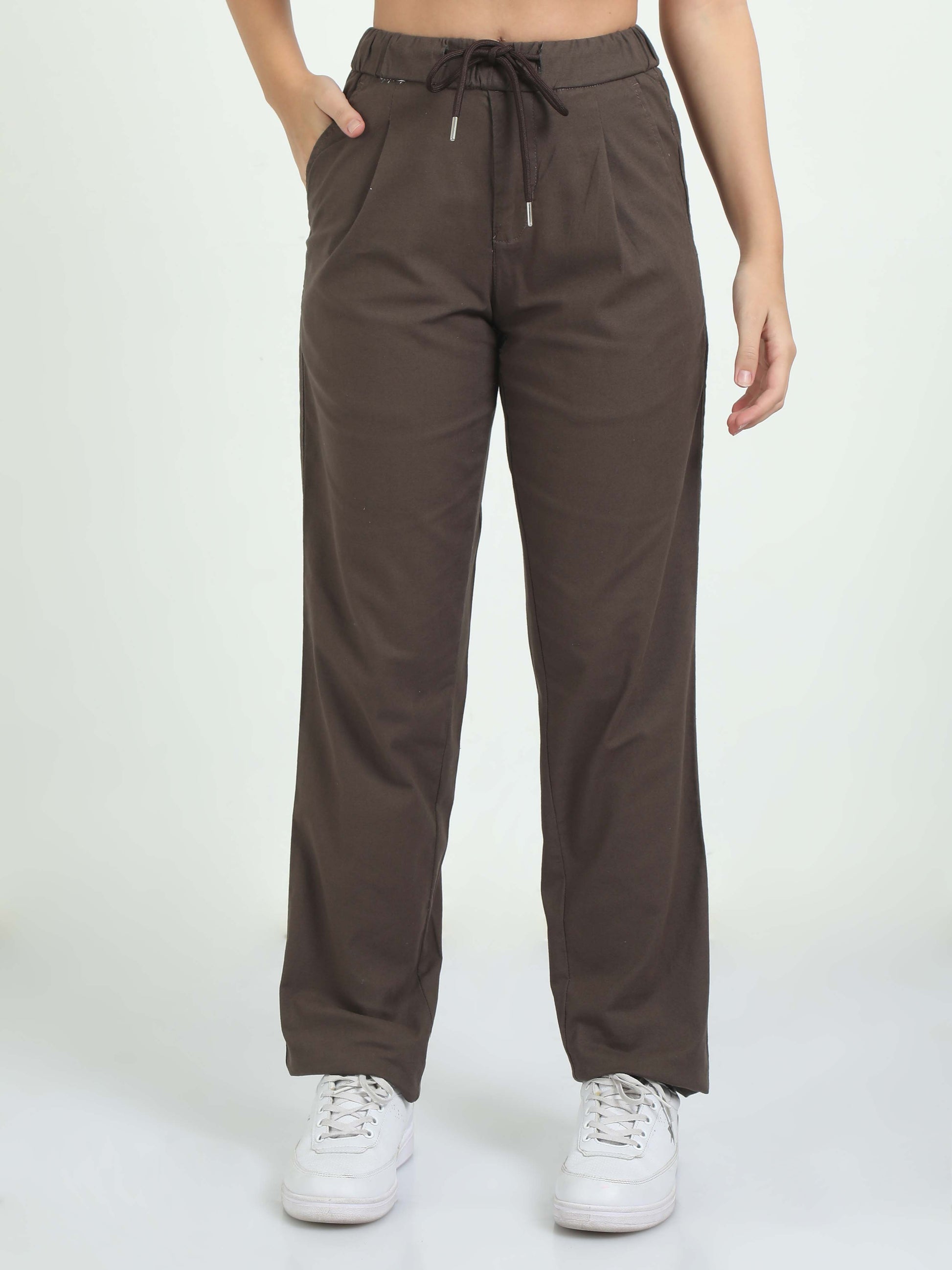 Women Brown Pleated Linen Pants