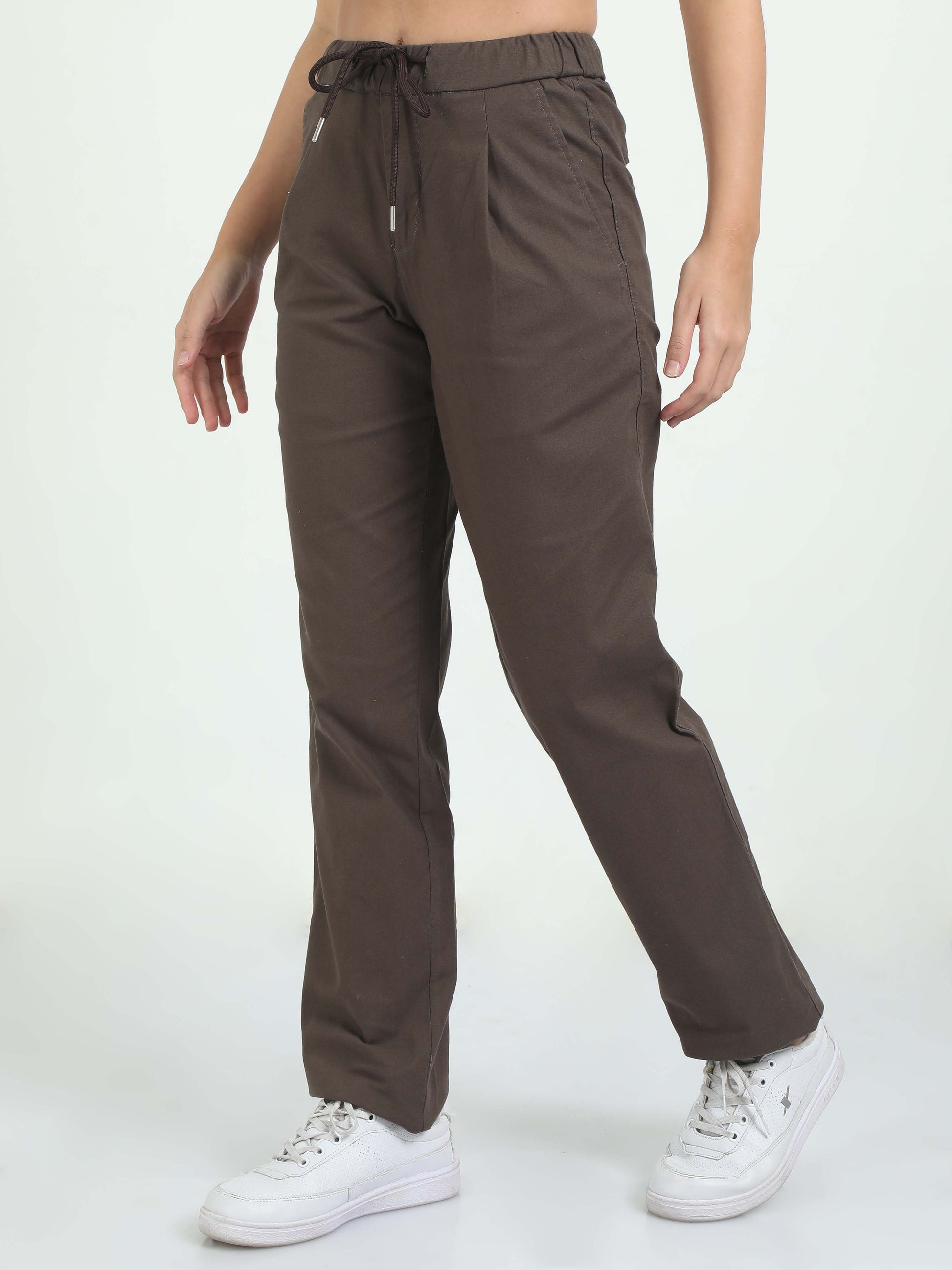 Women Brown Pleated Linen Pants