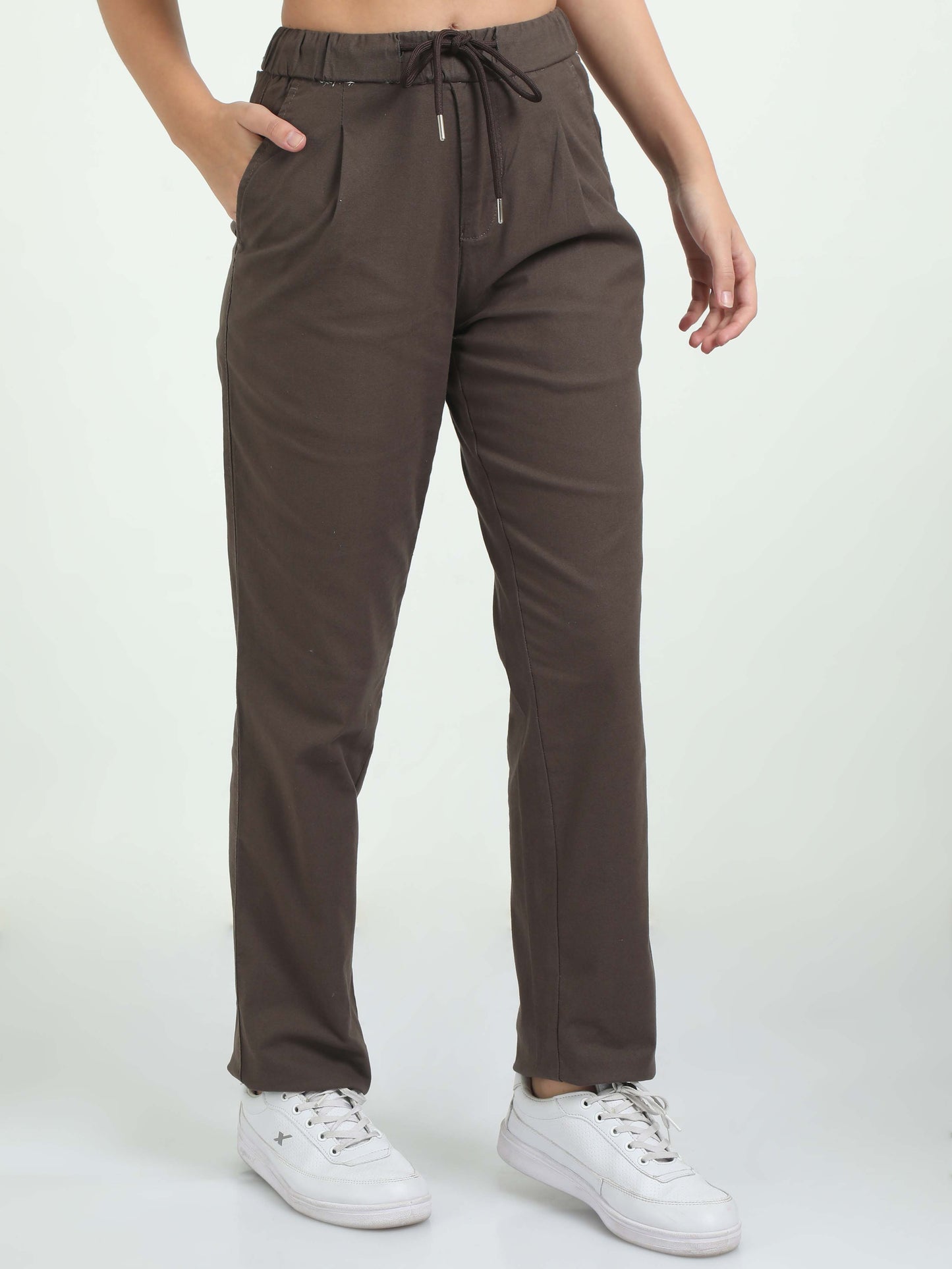 Women Brown Pleated Linen Pants