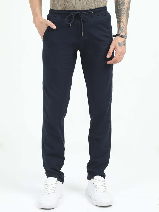 Men Comfy Linen Trousers-Navy