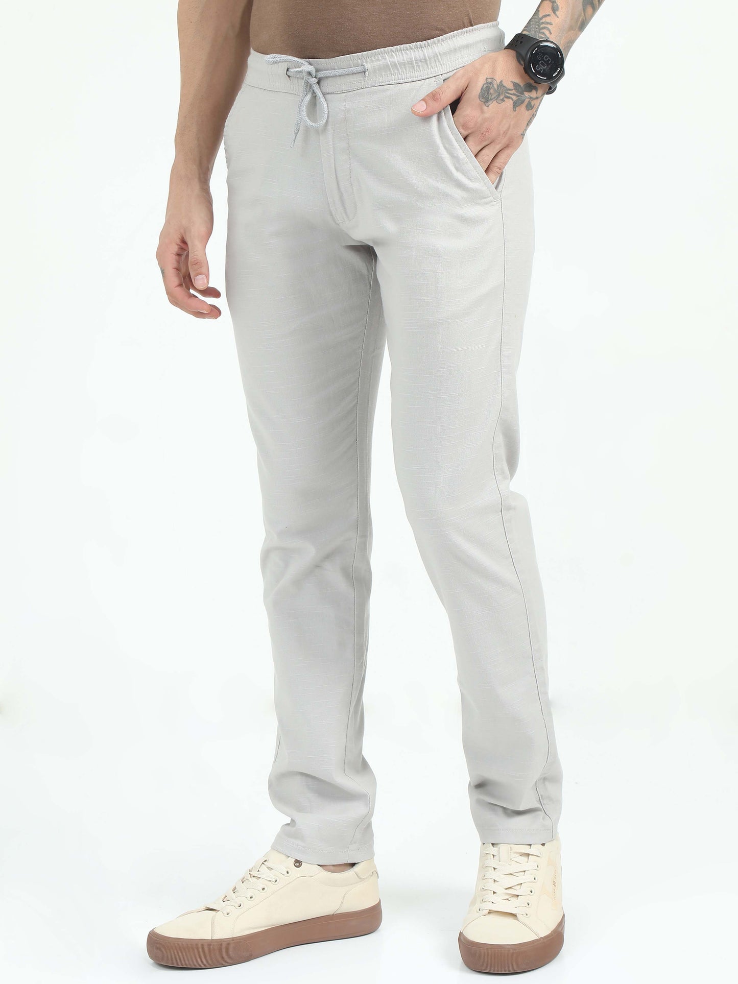 Men Comfy Linen Trousers-Lt Grey