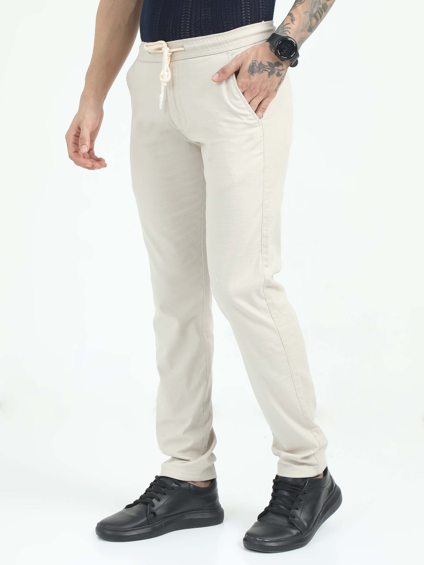 Men Comfy Linen Trousers-Beige