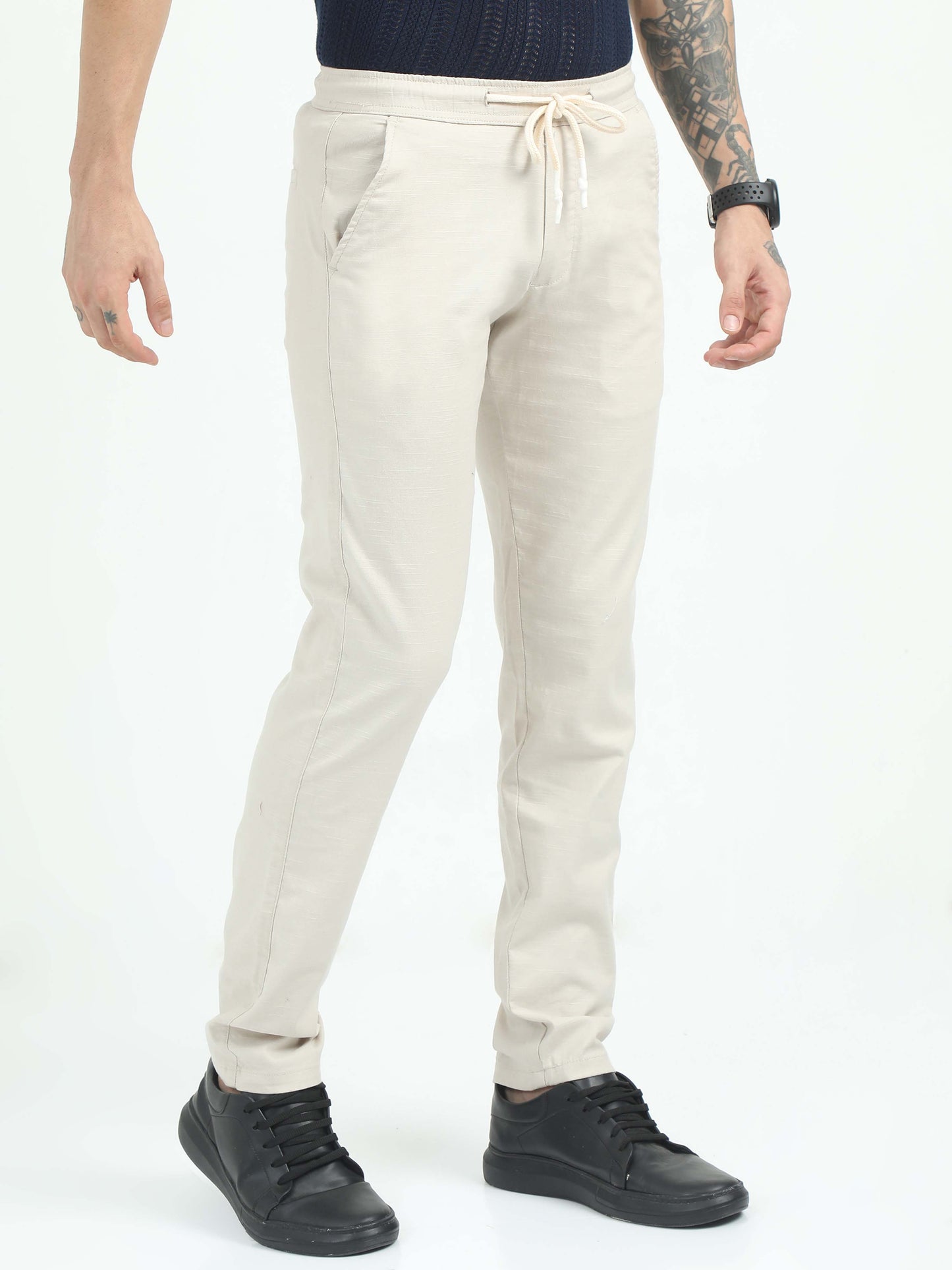 Men Comfy Linen Trousers-Beige