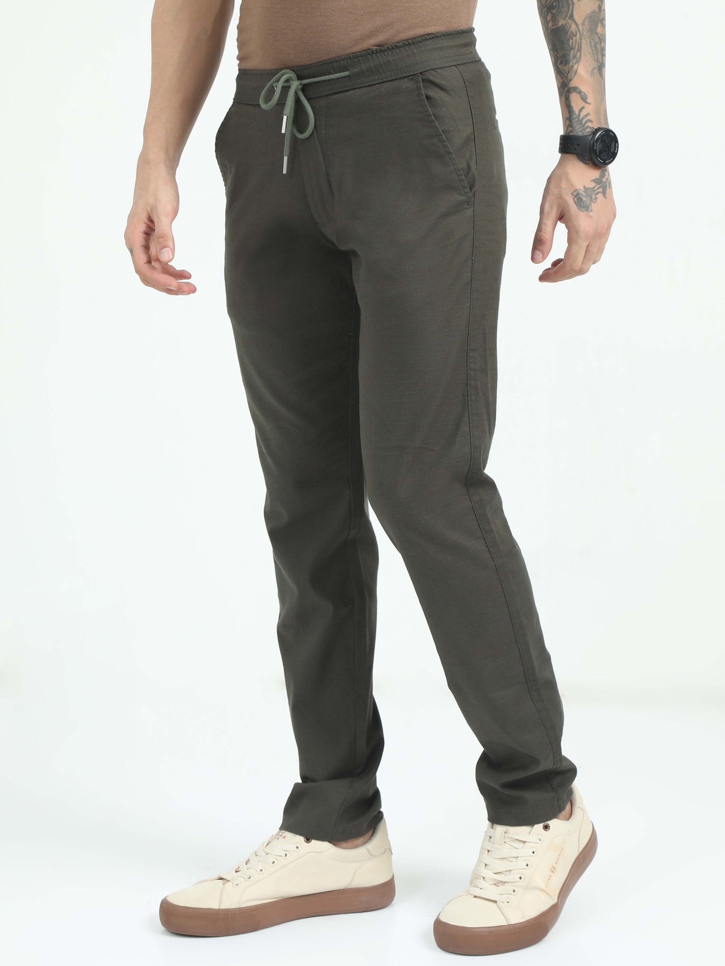 Men Comfy Linen Trousers-Green