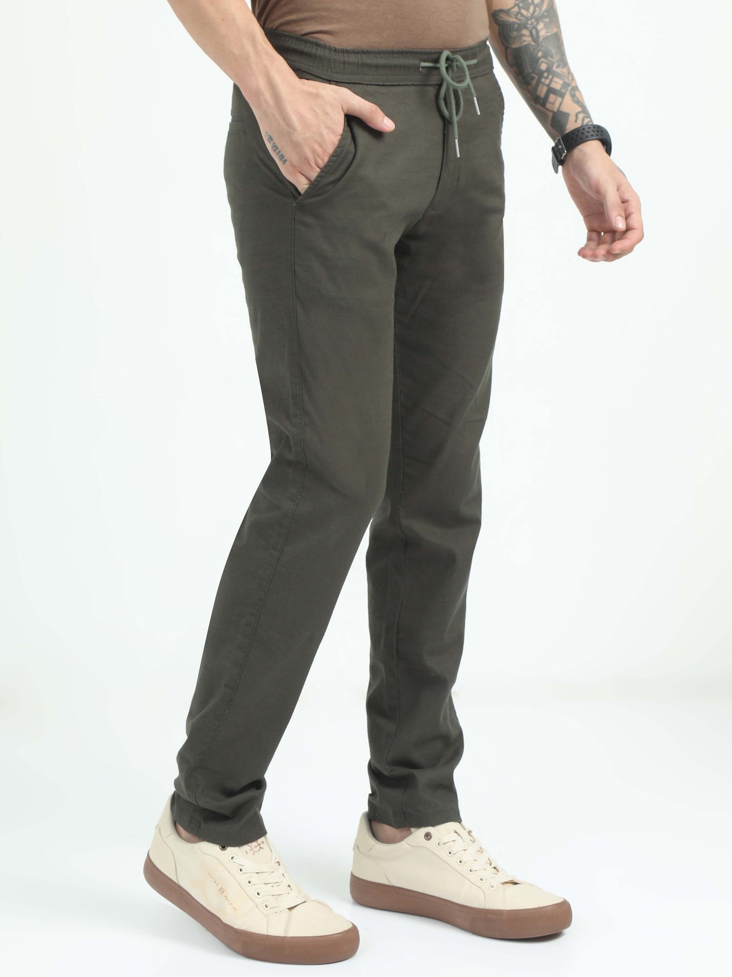 Men Comfy Linen Trousers-Green