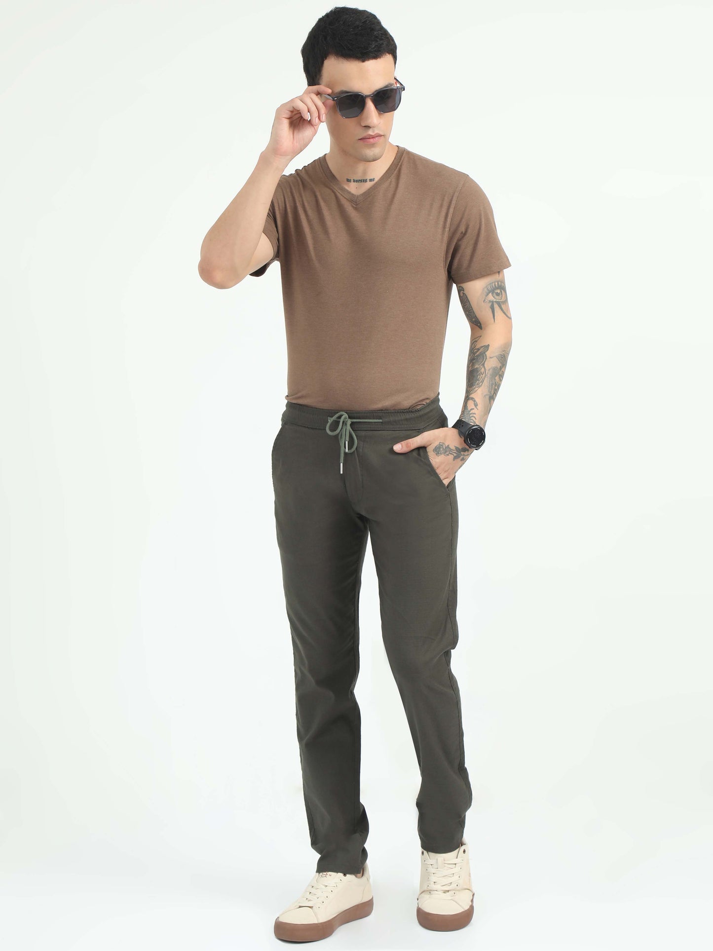 Men Comfy Linen Trousers-Green