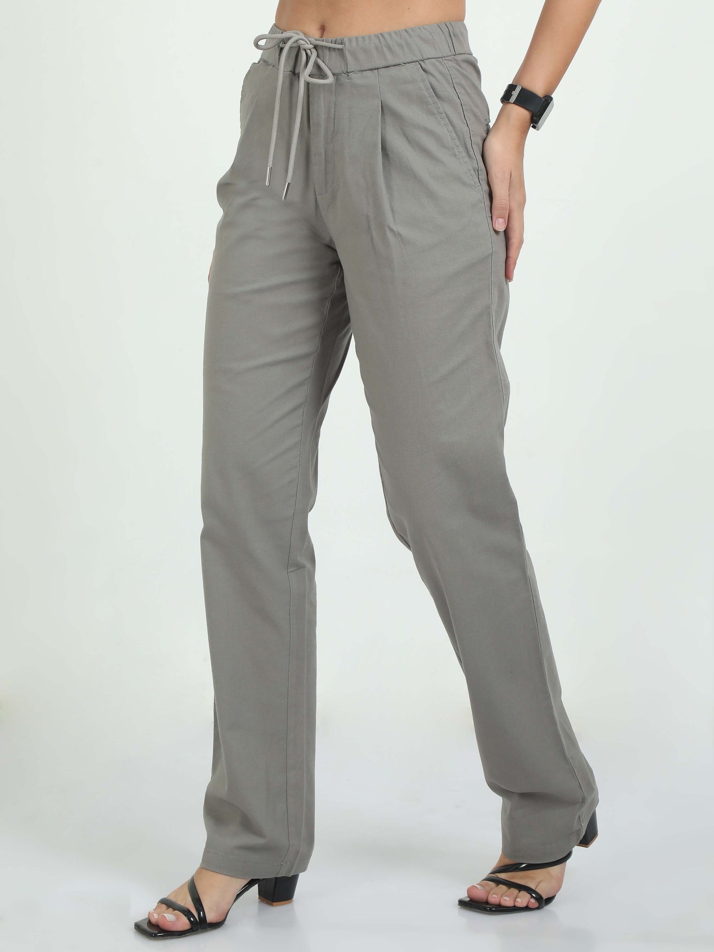 Women Lazy Linen Pleat Pant-Lt Grey