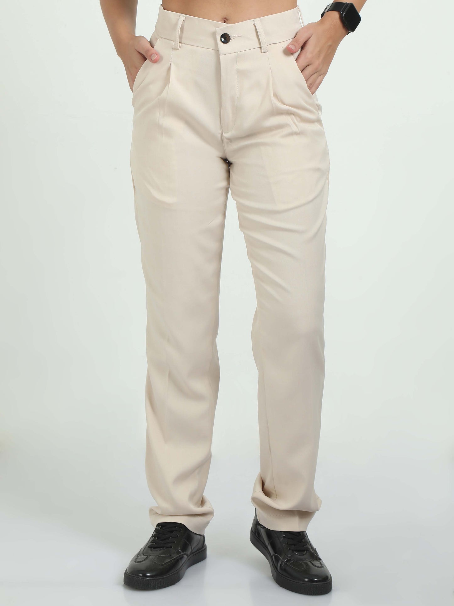 Cream Pleated Trousers Women