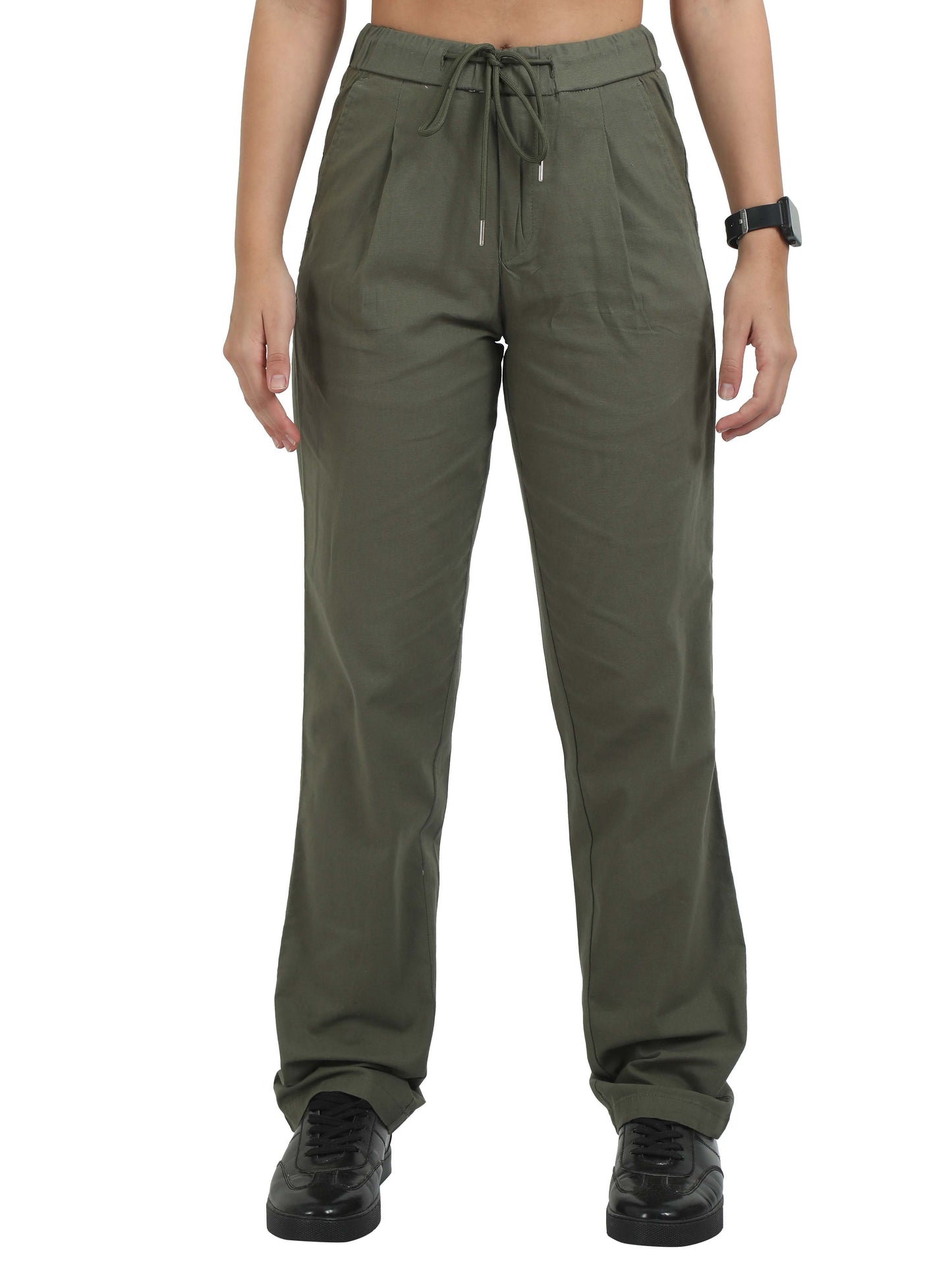 Women Lazy Linen Pleat Pant-Olive