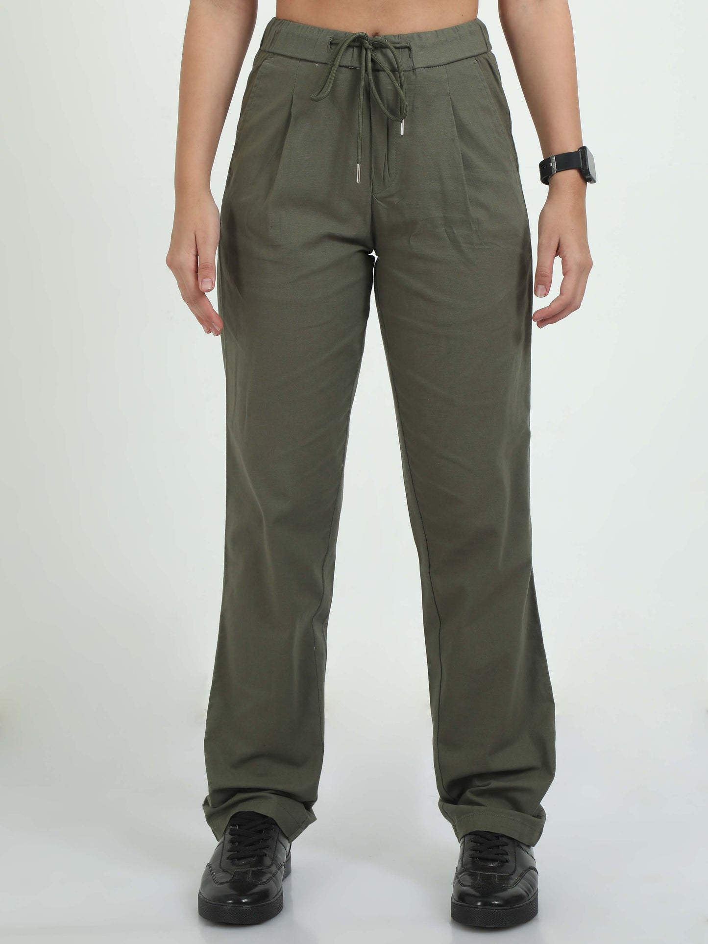 Women Lazy Linen Pleat Pant-Olive