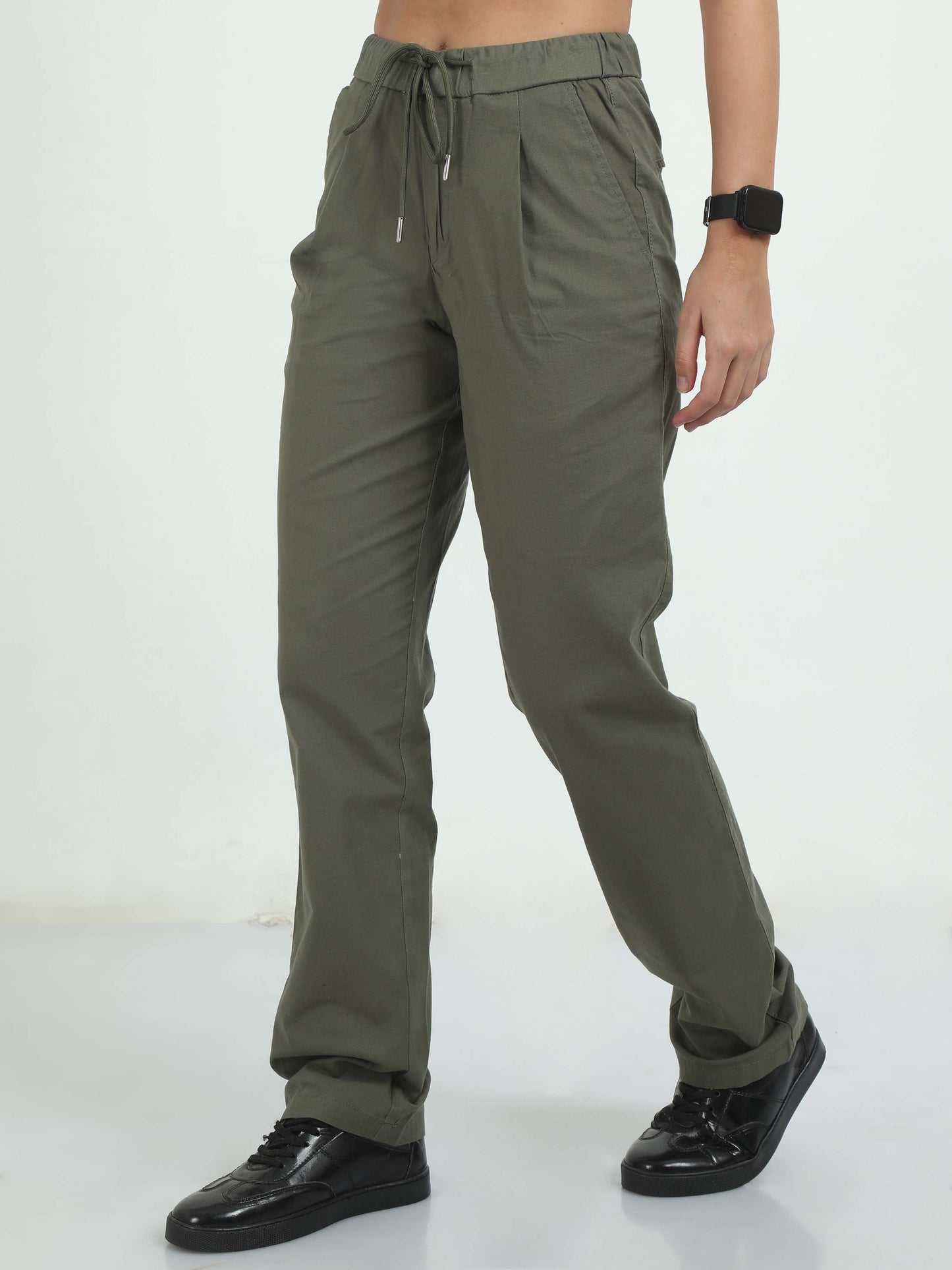 Women Lazy Linen Pleat Pant-Olive