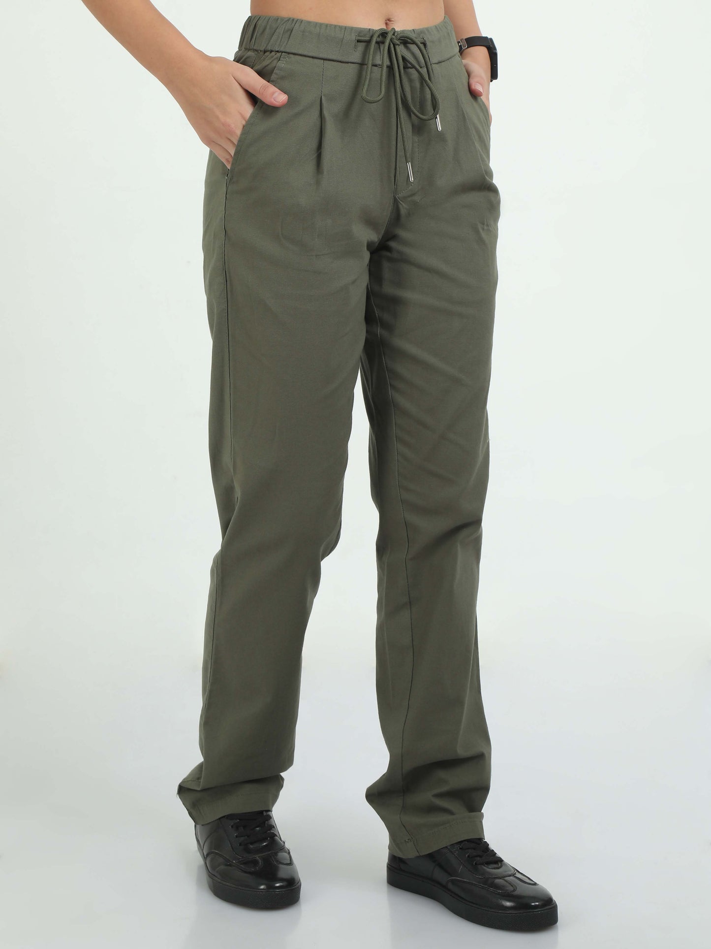 Women Lazy Linen Pleat Pant-Olive