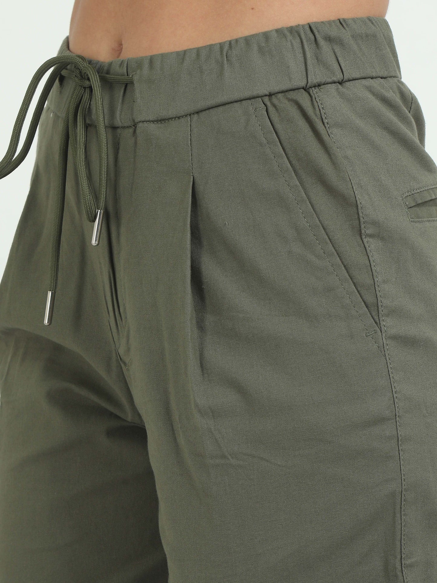 Women Lazy Linen Pleat Pant-Olive