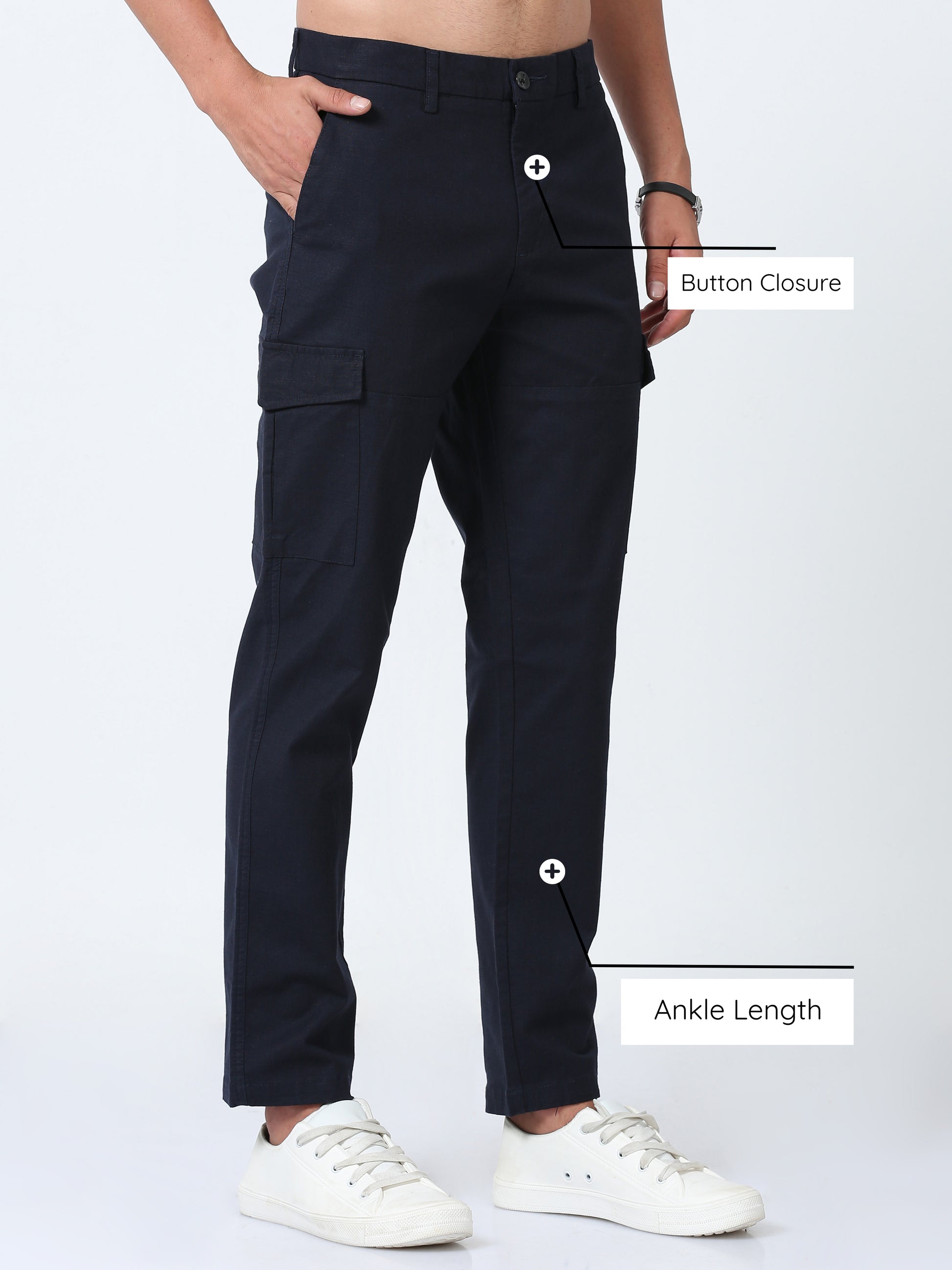 Navy Blue Linen Cargo Trousers for Men