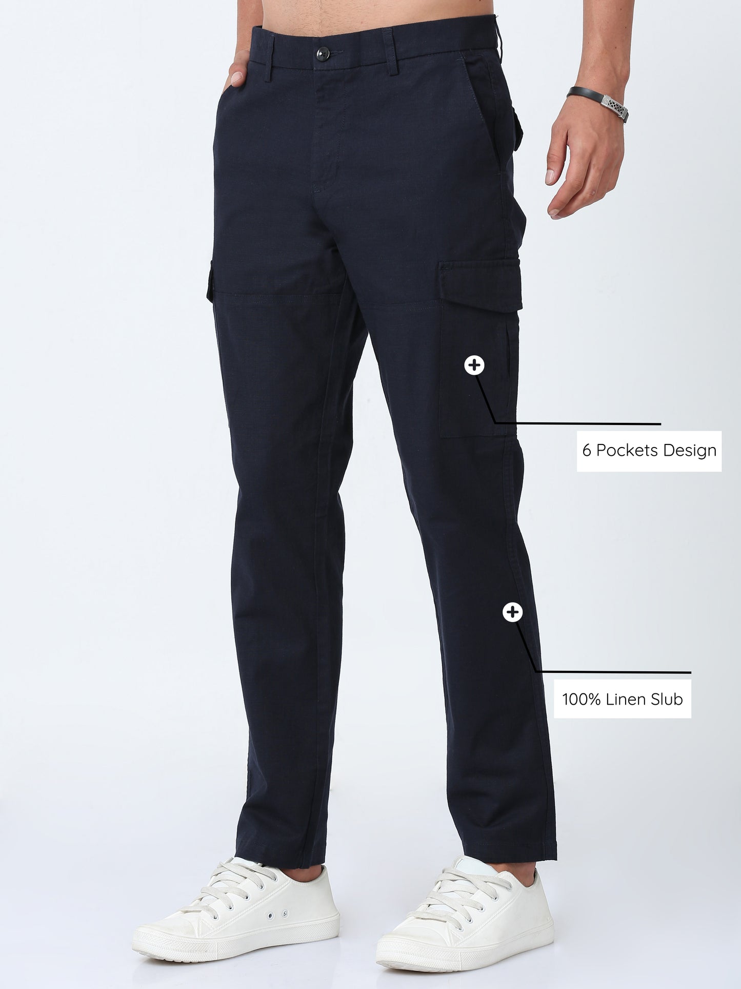 Navy Blue Linen Cargo Trousers for Men