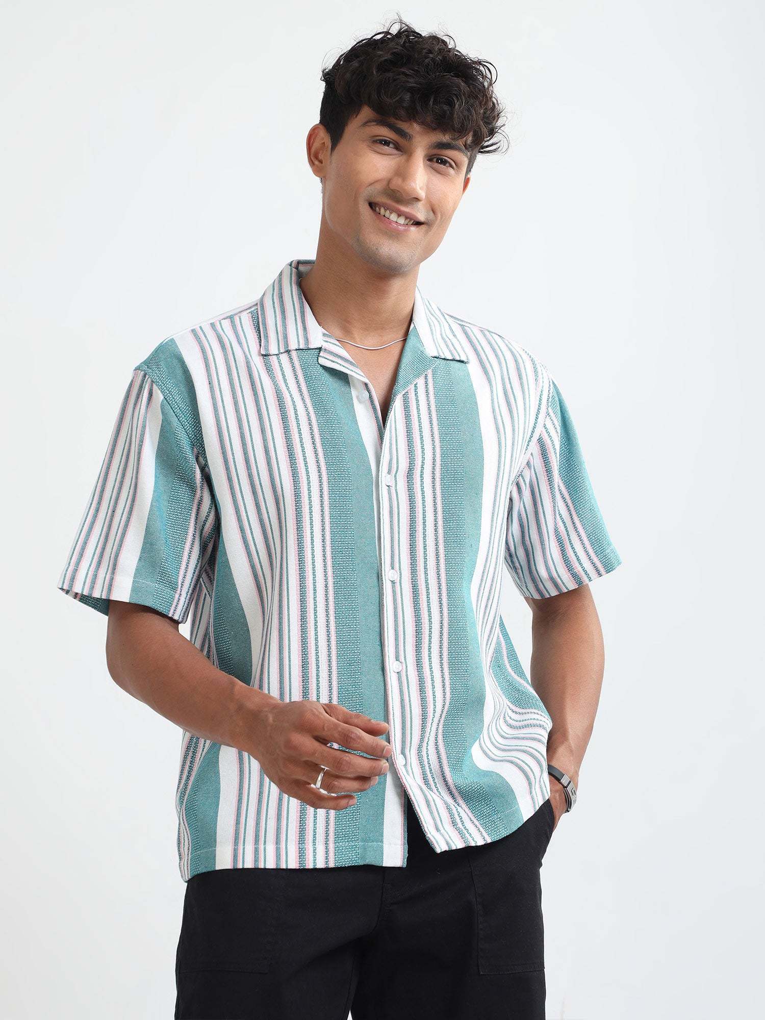 Mint Striped Jacquard Oversized Shirt For Men