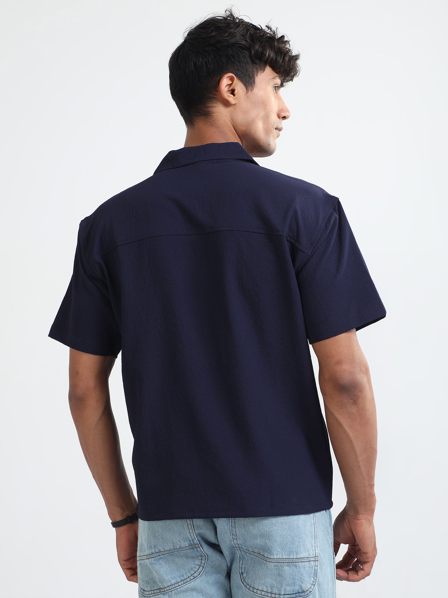 Navy Blue Popcorn Baggy Shirts For Mens