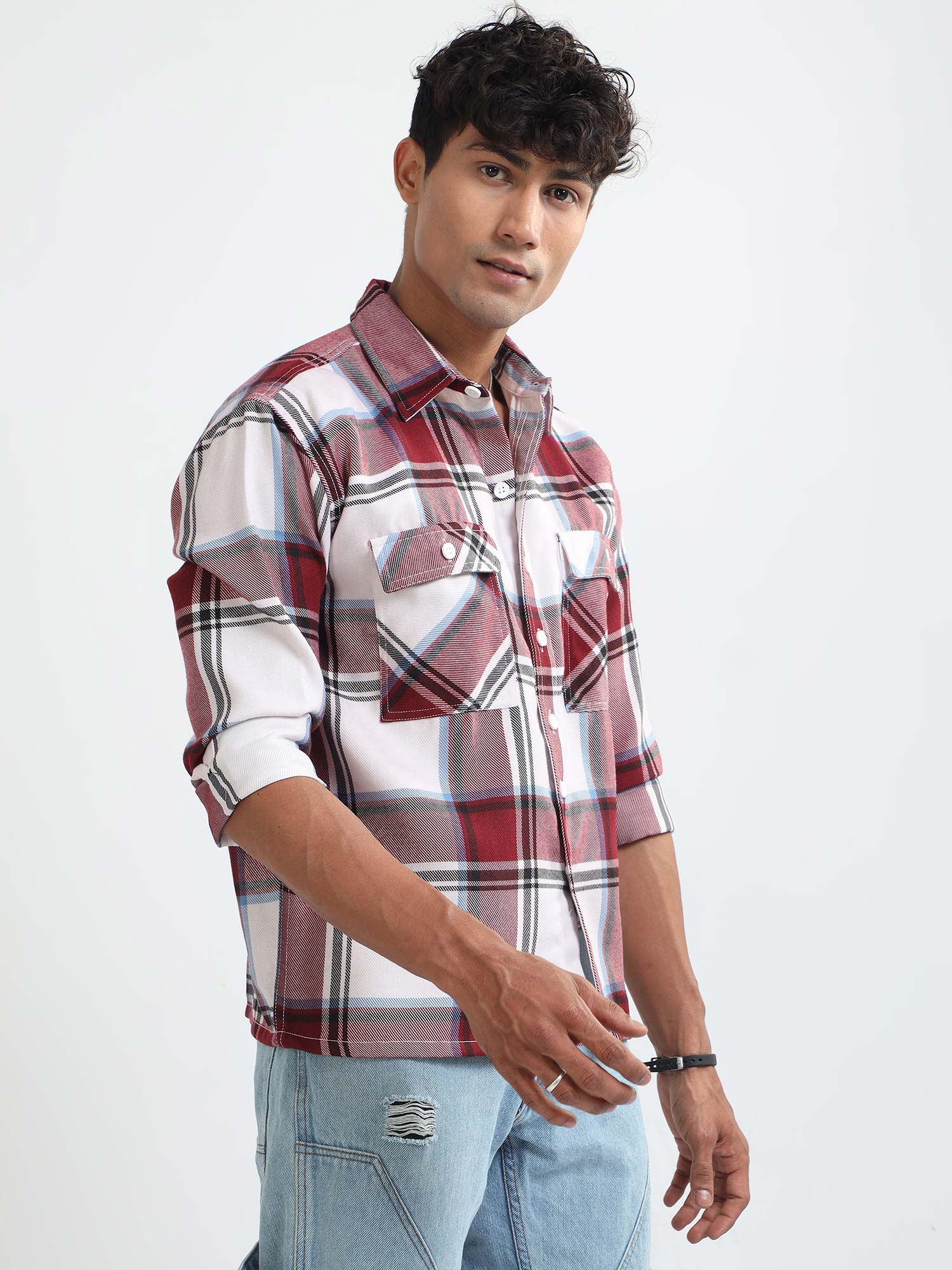 Red Double Pocket Flannel Shirts For Men