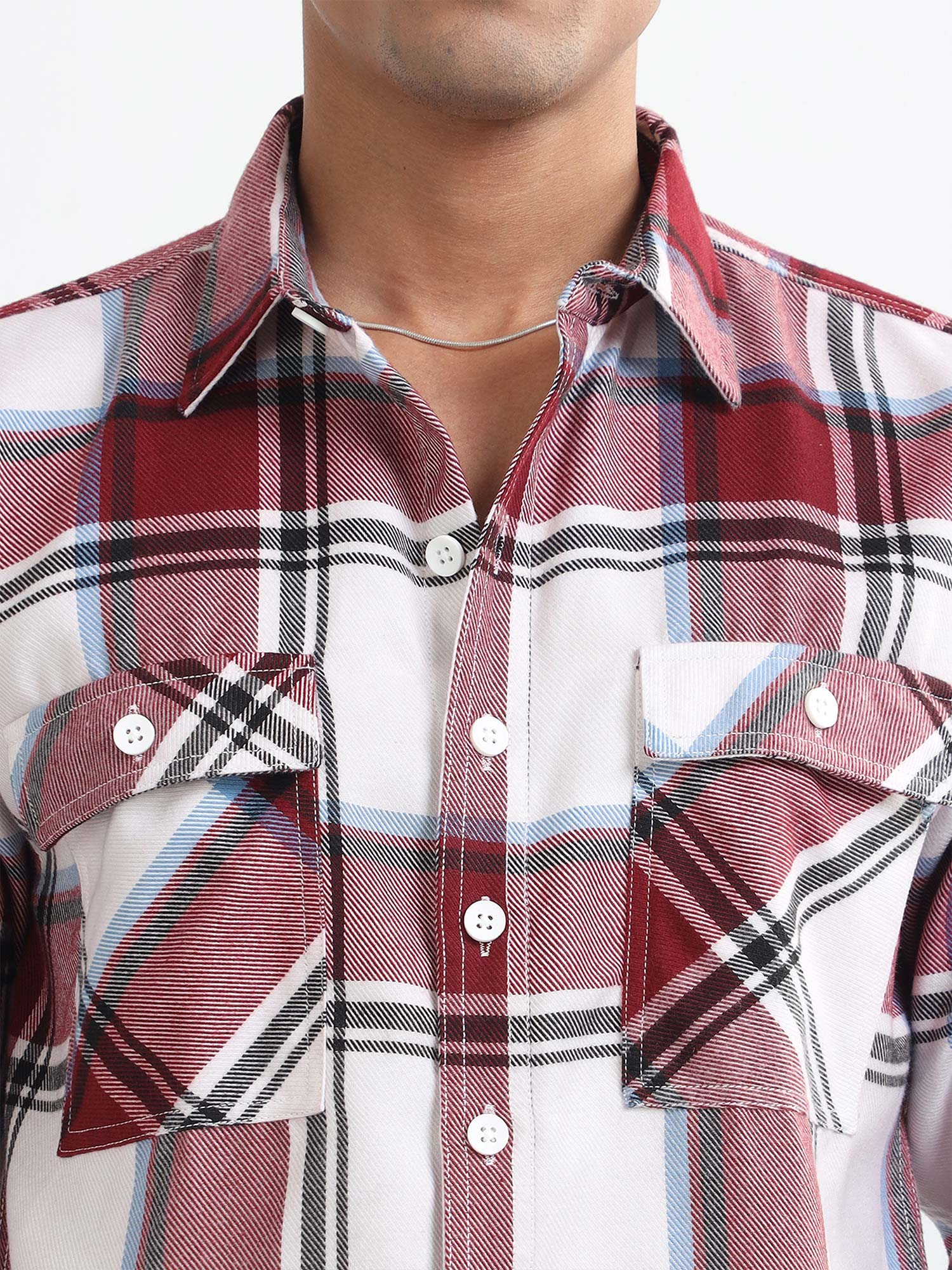 Red Double Pocket Flannel Shirts For Men