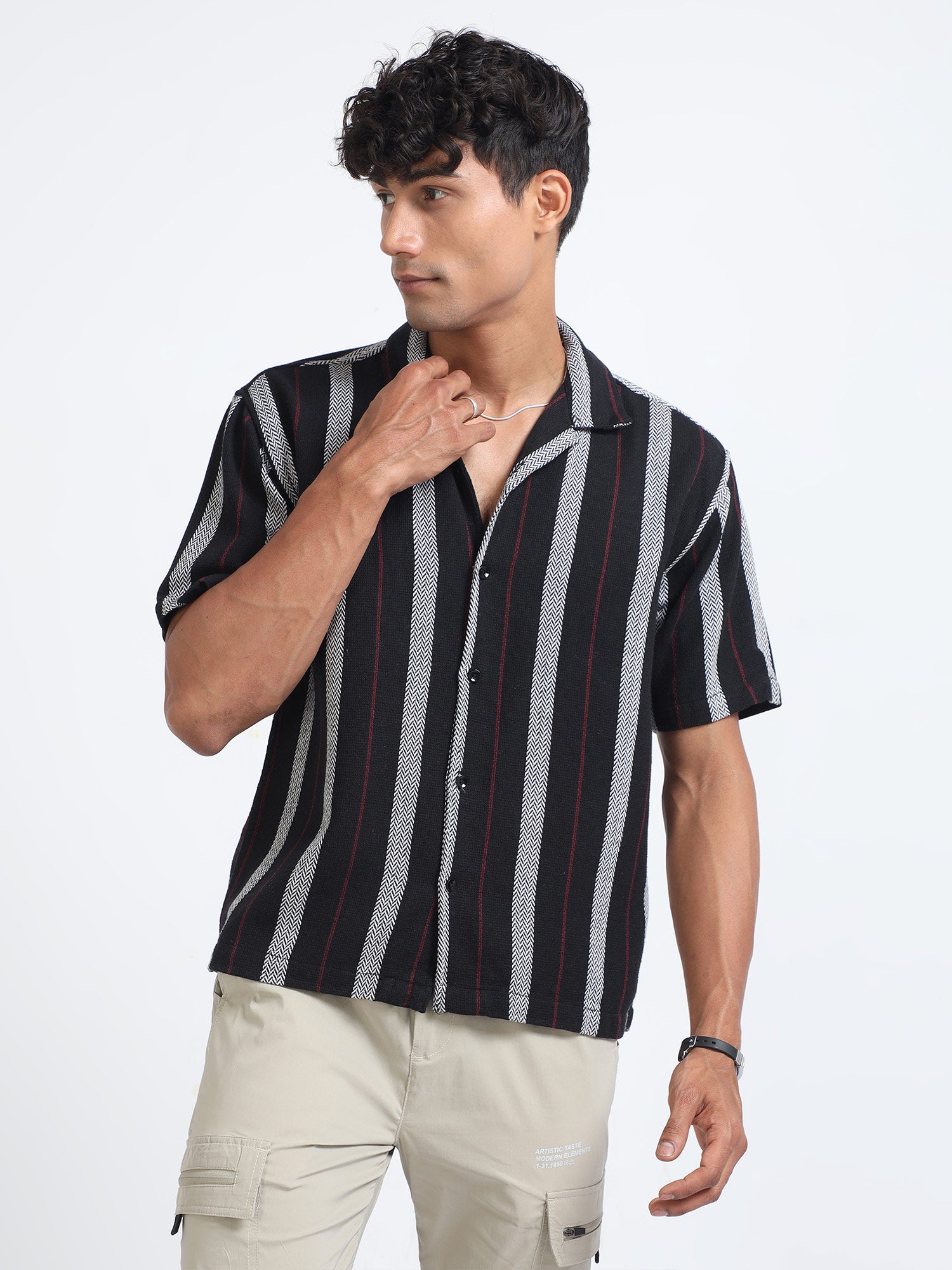 Striped Jacquard Black Oversized Shirt For Men 