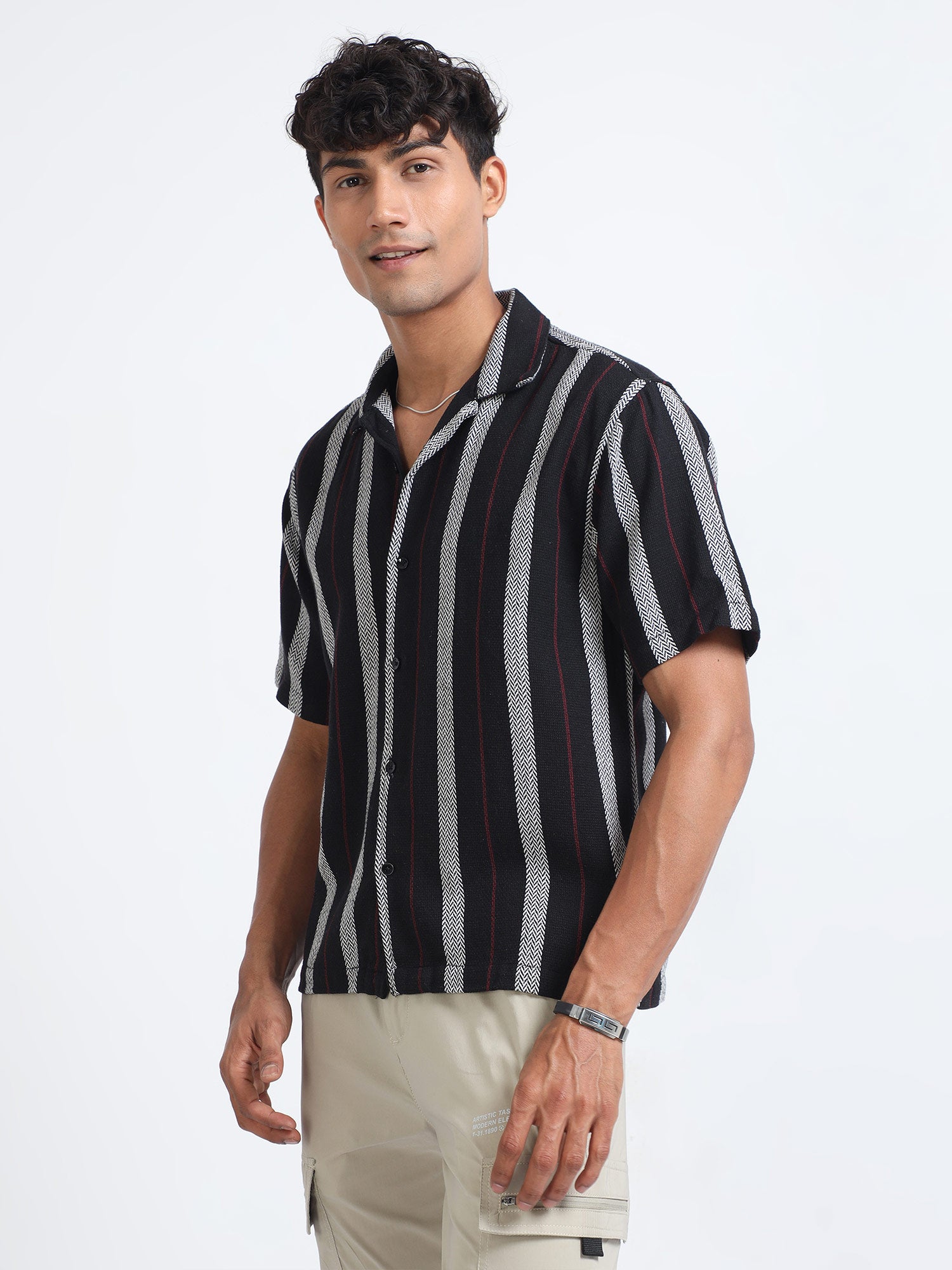 Striped Jacquard Black Oversized Shirt For Men 