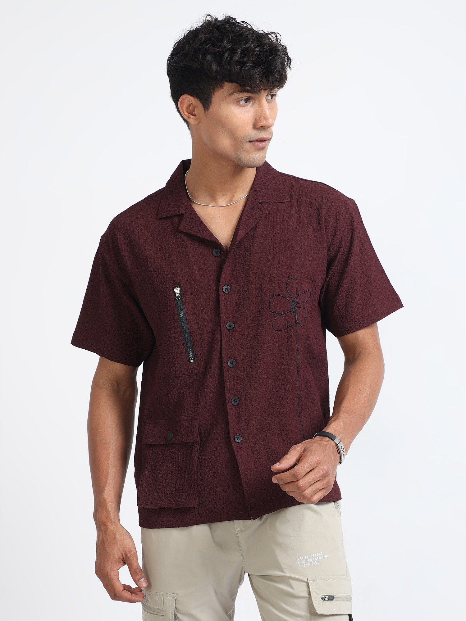 Maroon Bloom Popcorn Oversized Shirt For Men