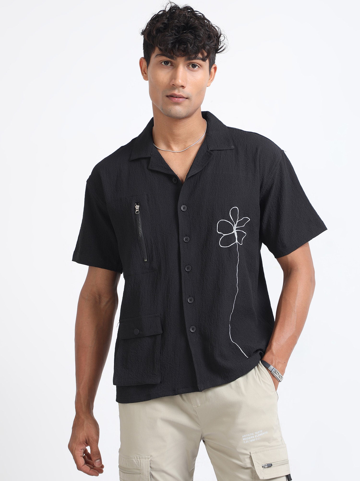 Black Bloom Popcorn Oversized Shirt For Men