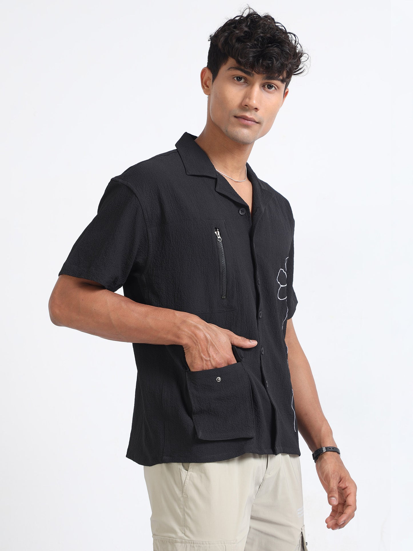 Black Bloom Popcorn Oversized Shirt For Men