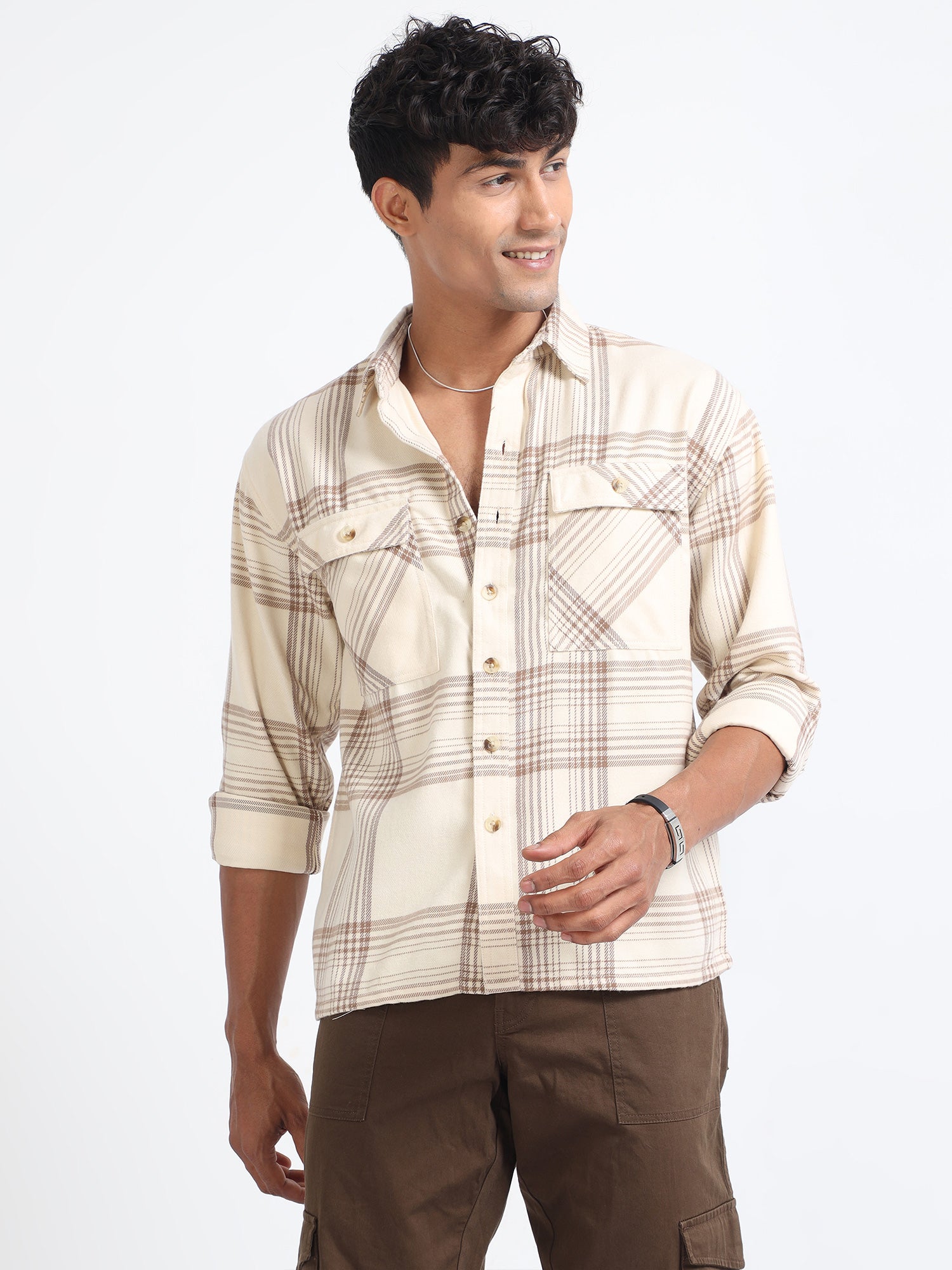 Beige Mens Check Flannel Shirts