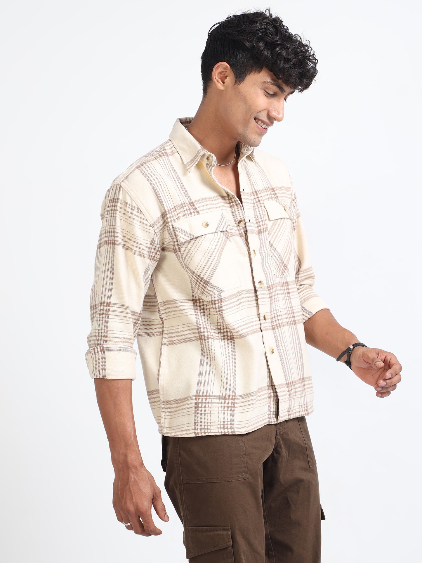 Beige Mens Check Flannel Shirts