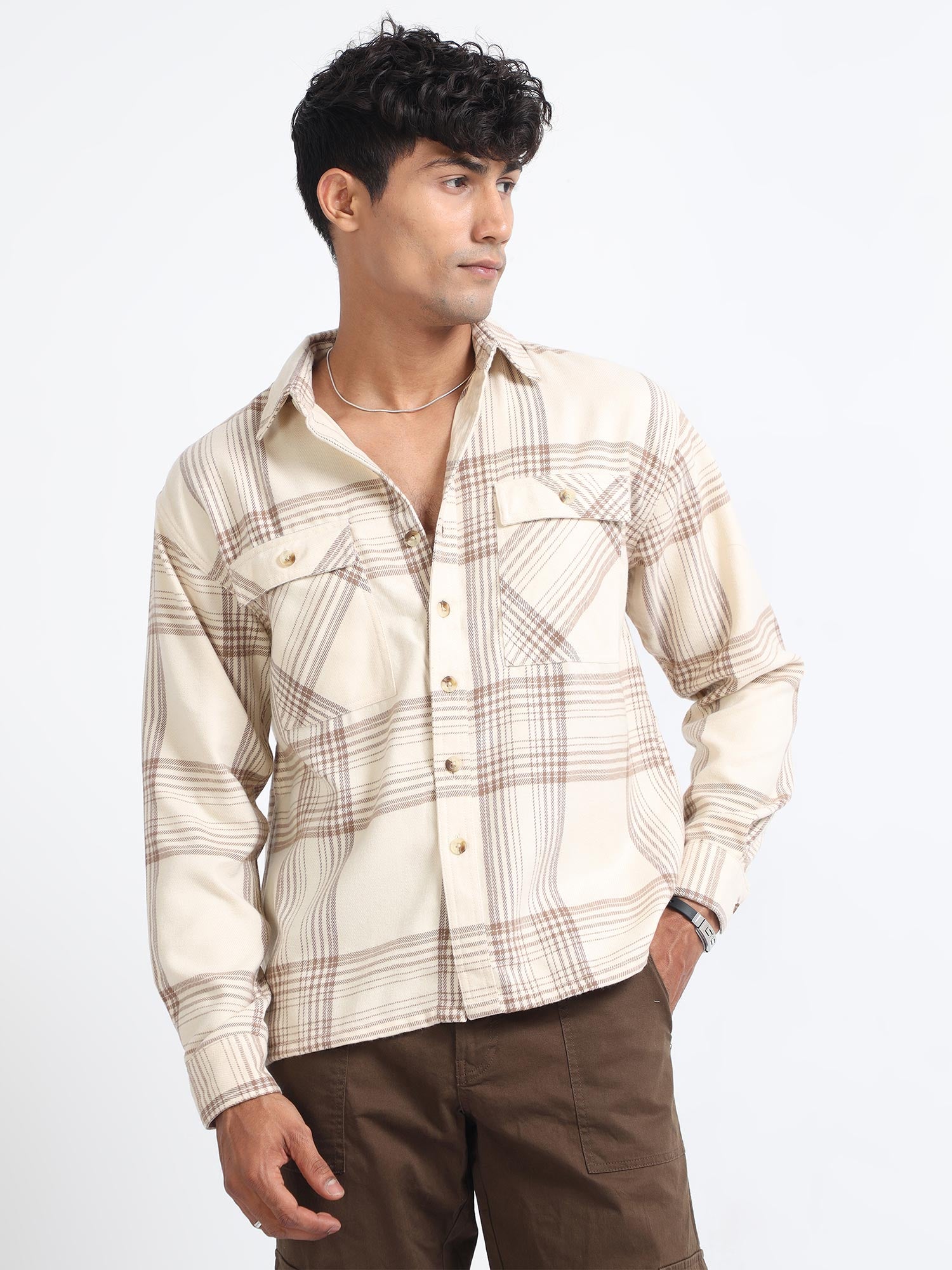 Beige Mens Check Flannel Shirts