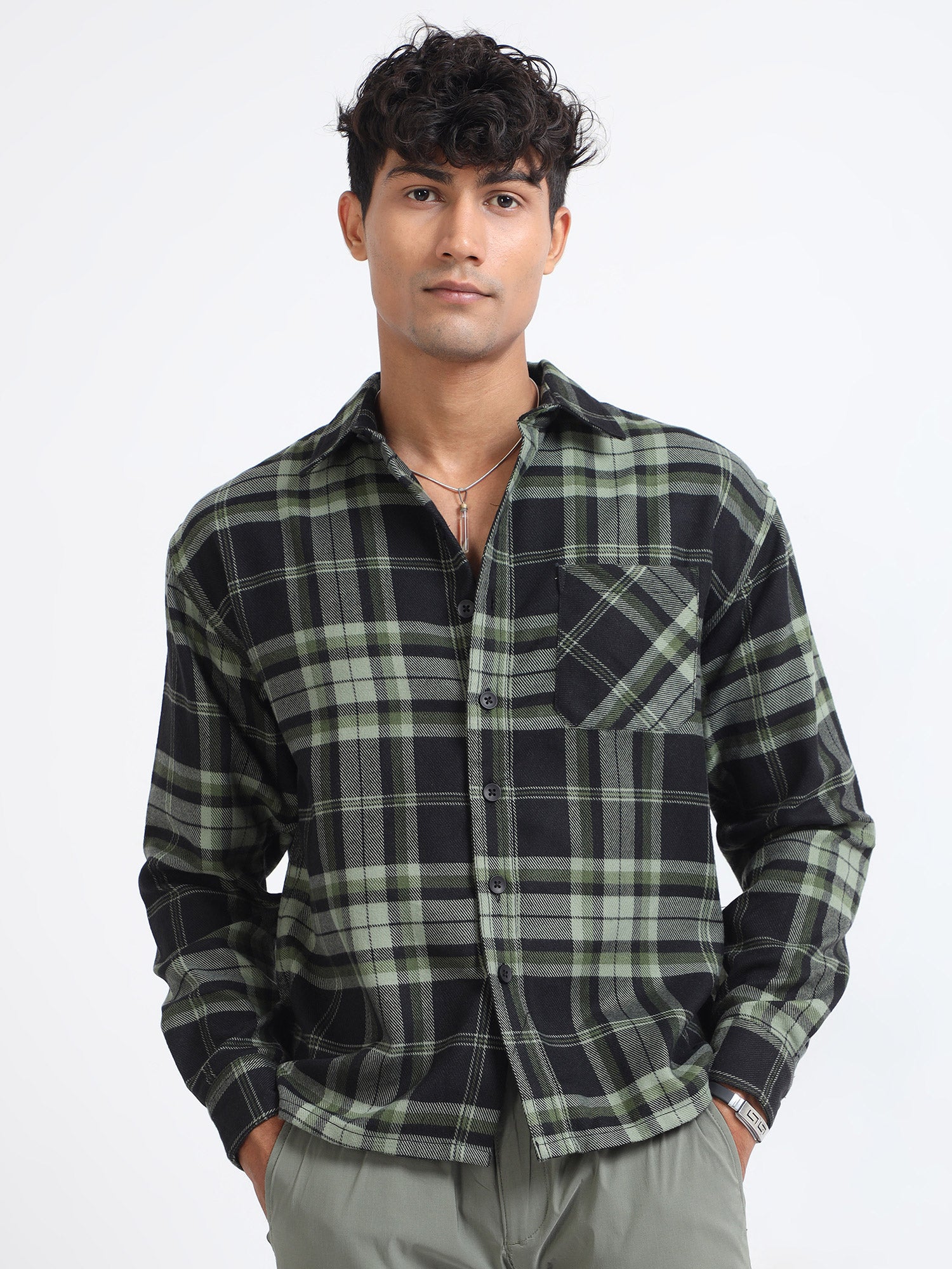 Olive Green Mens Flannel Check Shirts