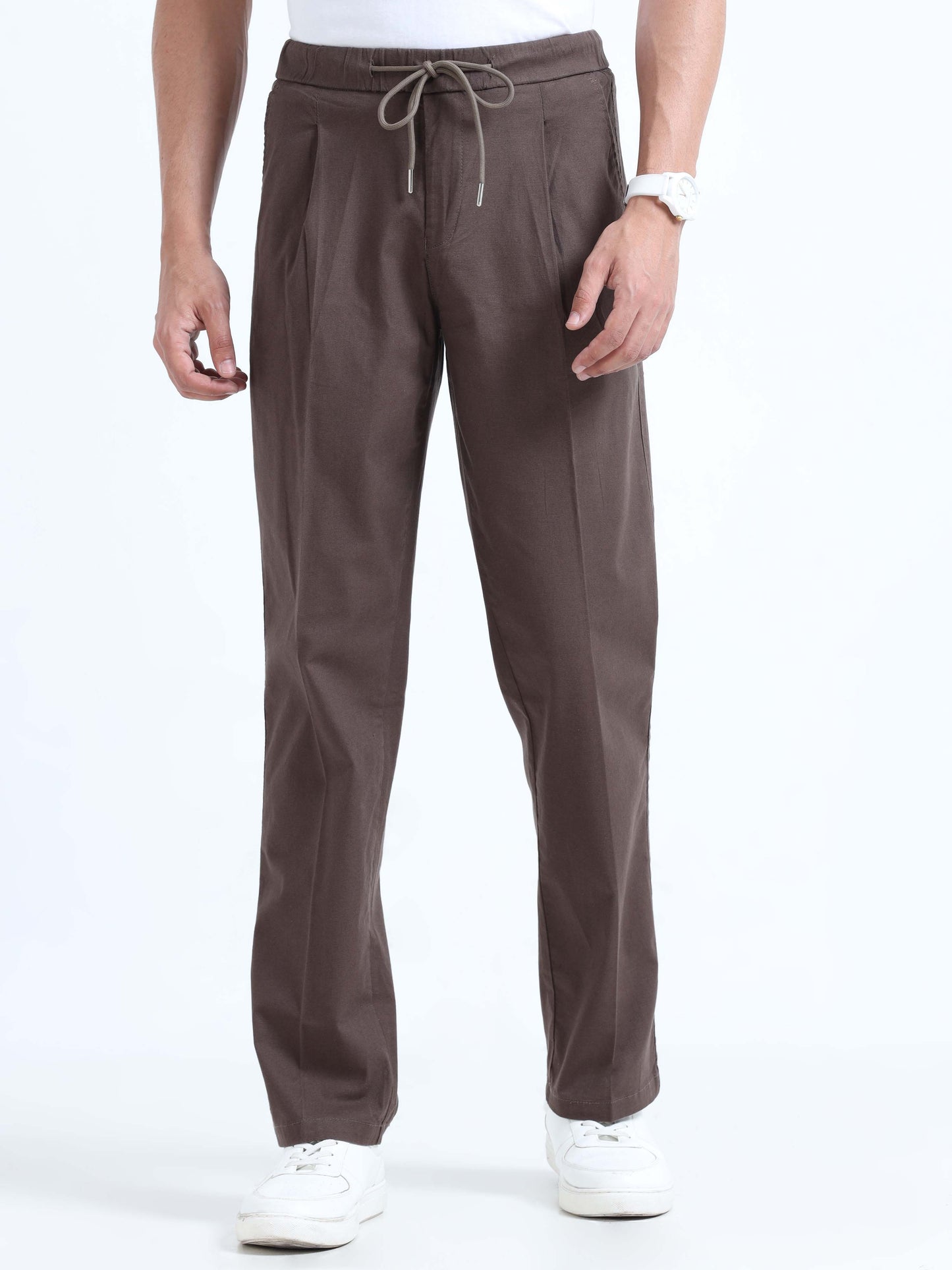 Brown Lazy Linen Pleated Pants For Men