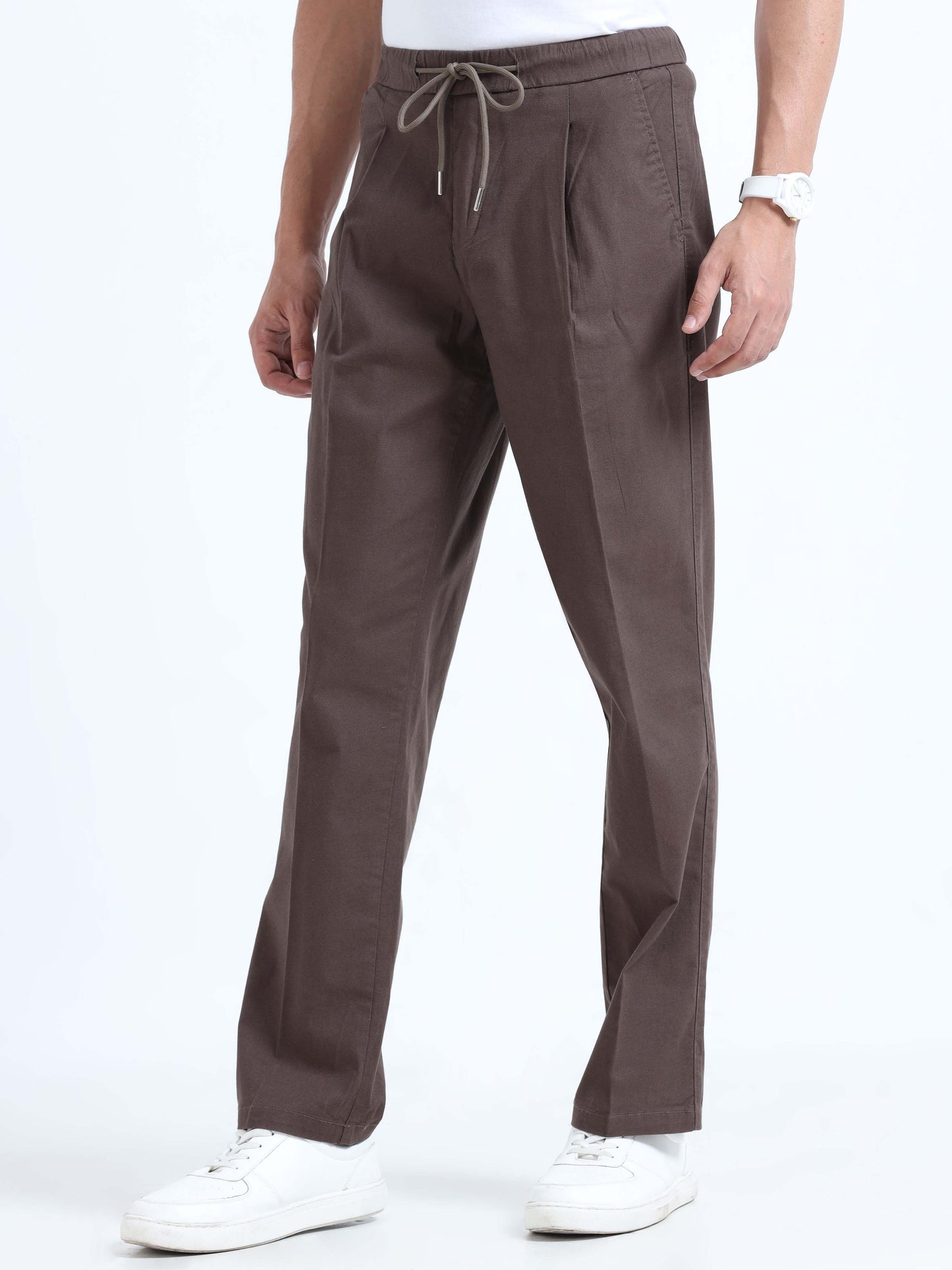 Brown Lazy Linen Pleated Pants For Men