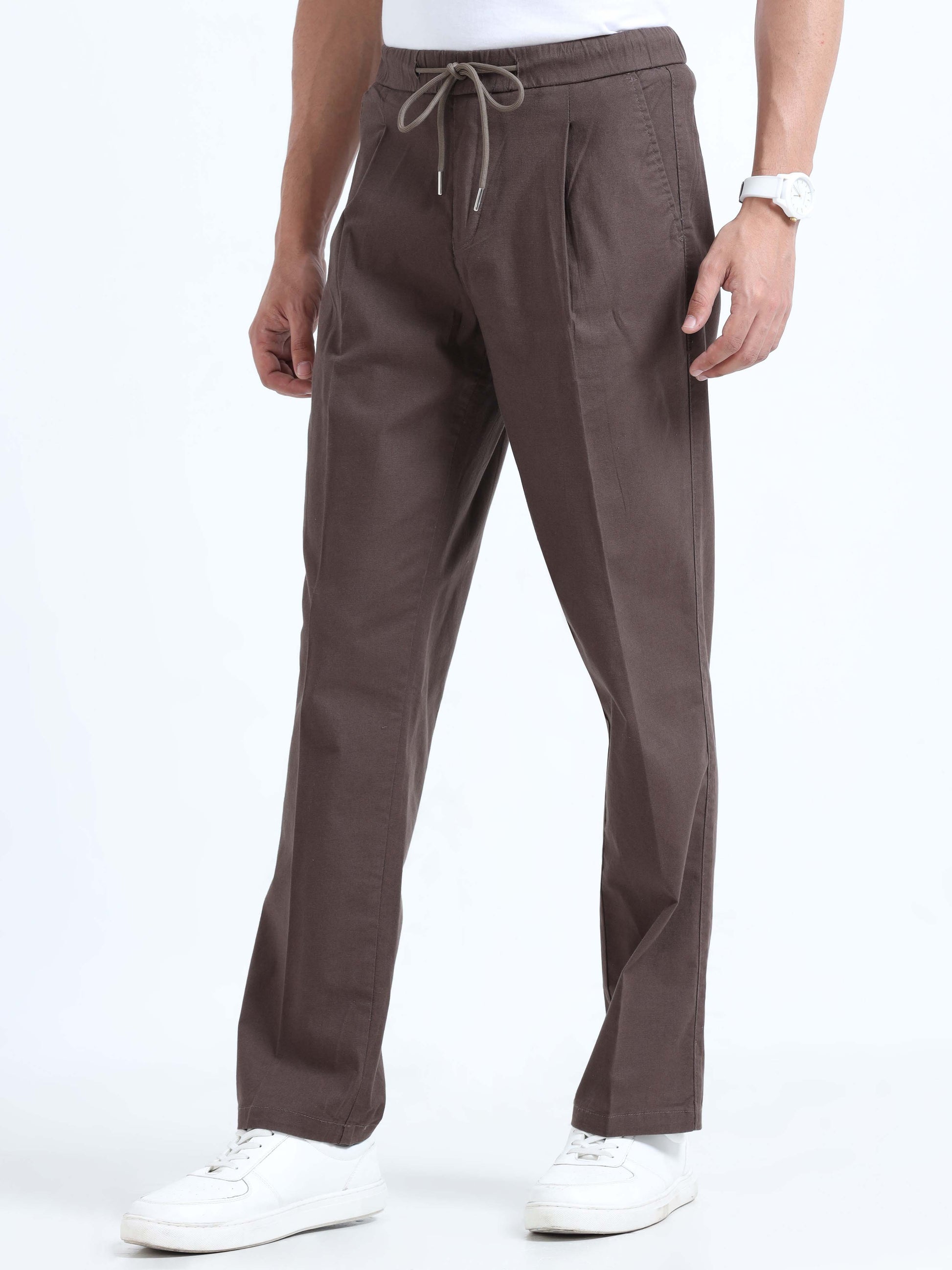 Brown Lazy Linen Pleated Pants For Men