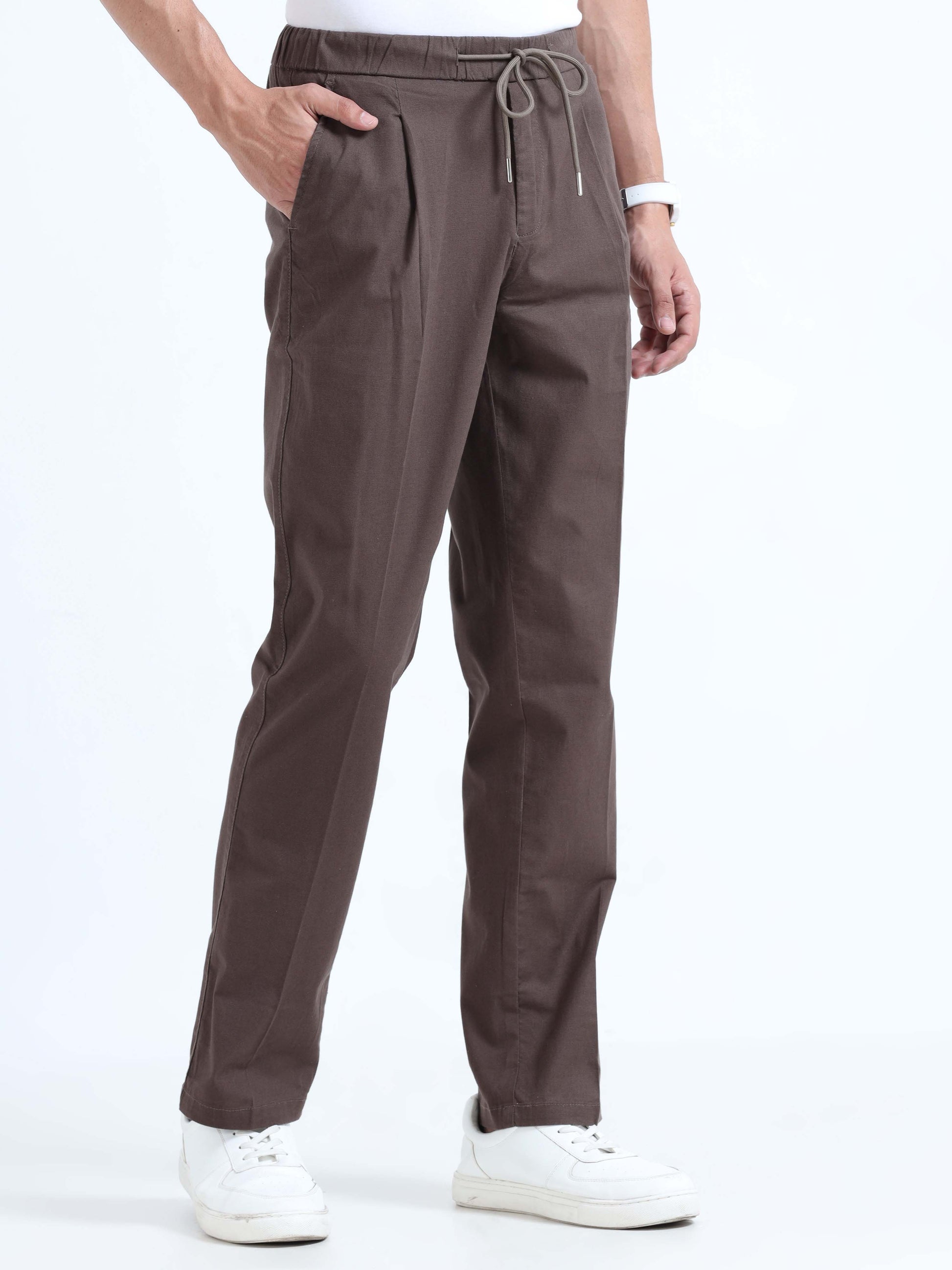 Brown Lazy Linen Pleated Pants For Men