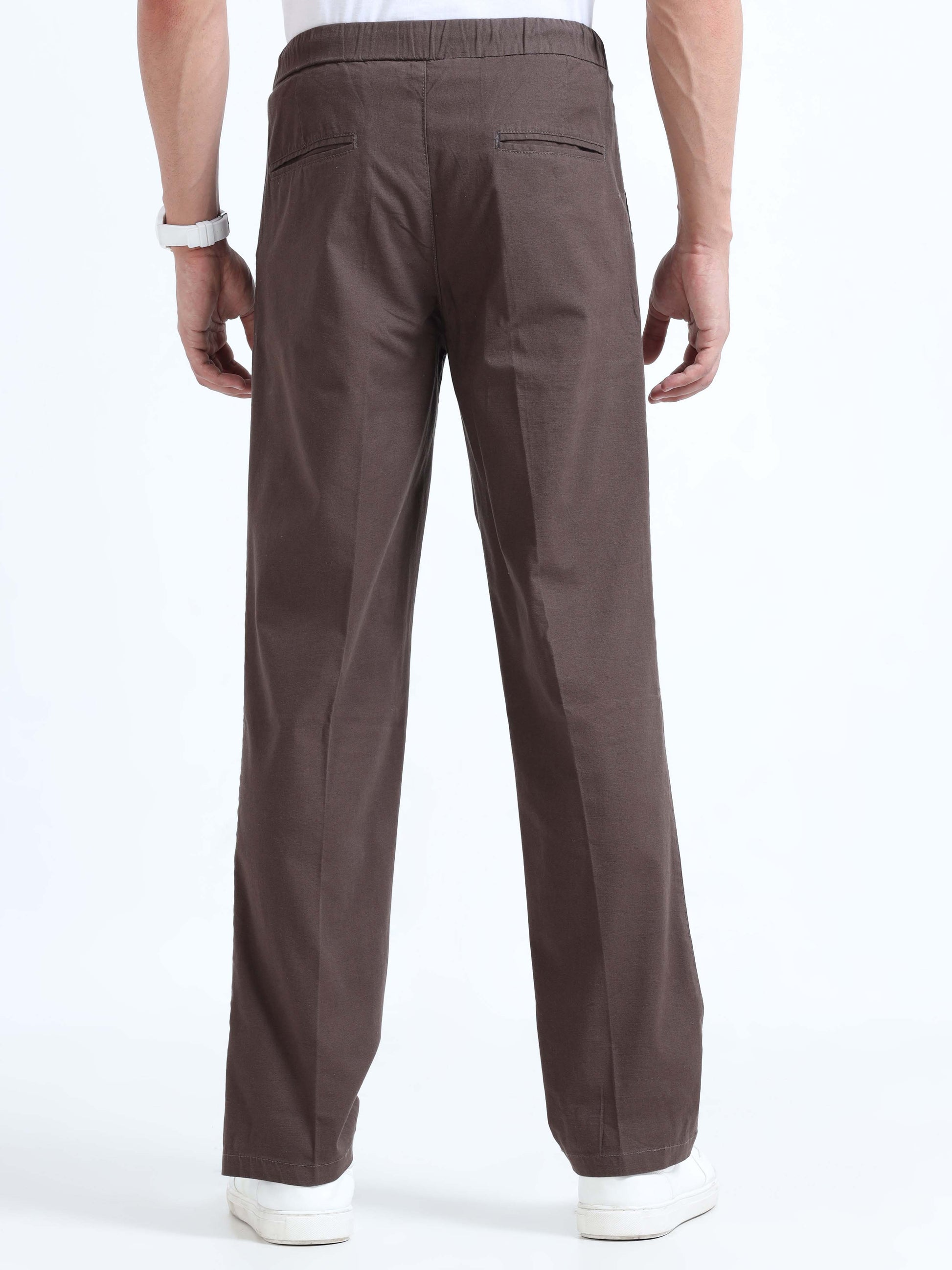 Brown Lazy Linen Pleated Pants For Men