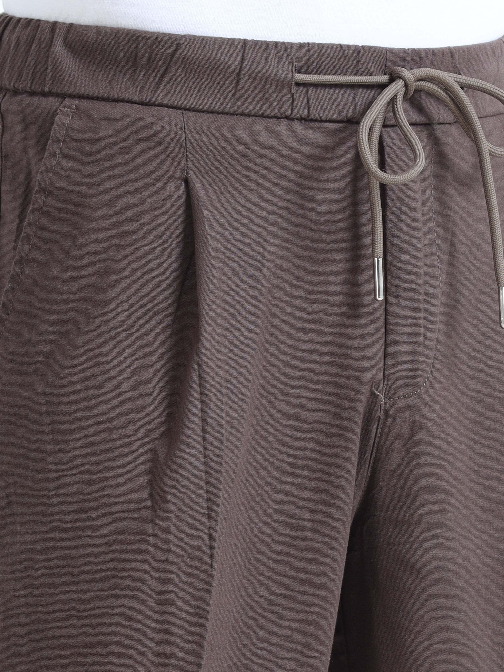 Brown Lazy Linen Pleated Pants For Men