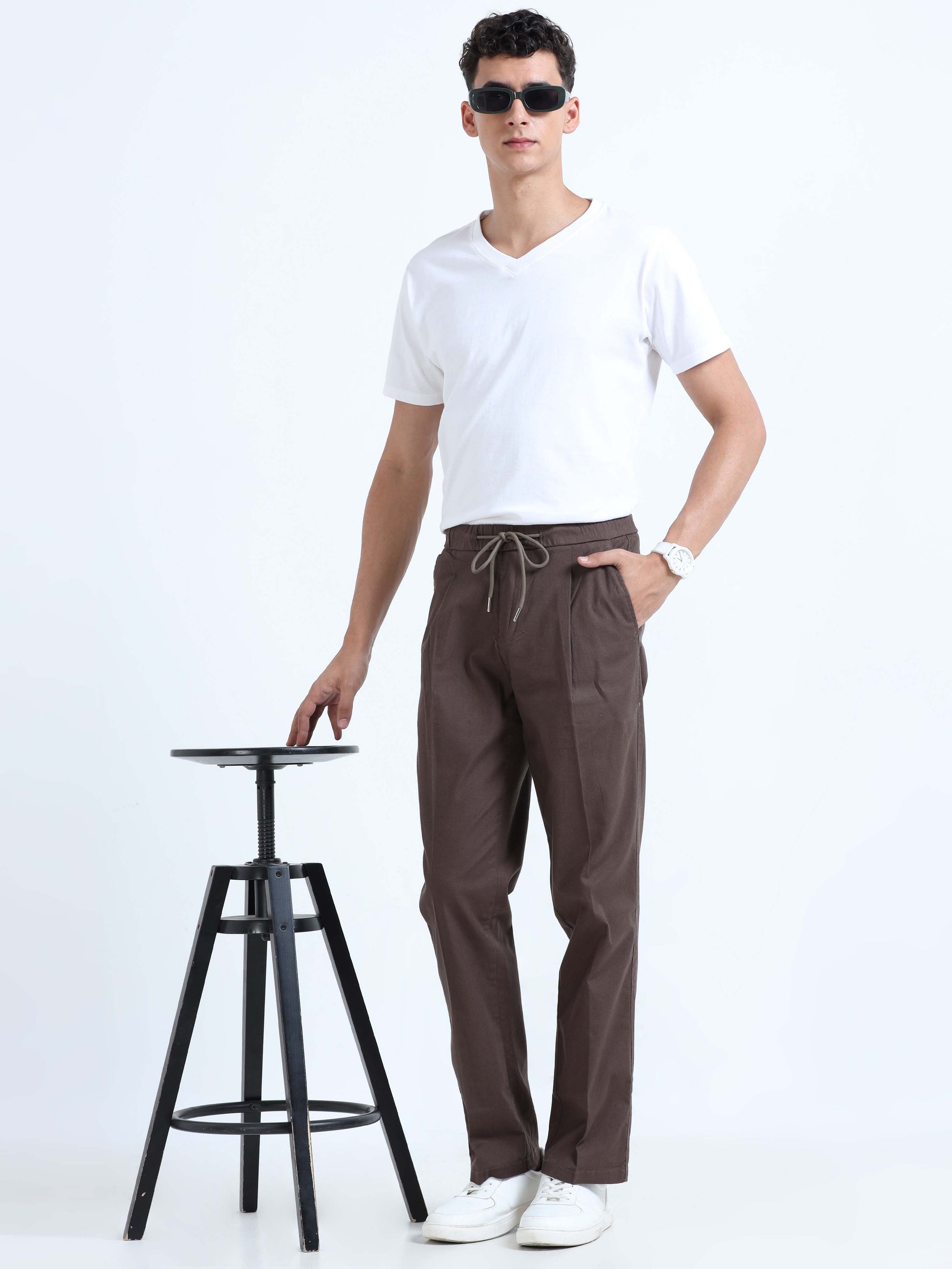 Brown Lazy Linen Pleated Pants For Men