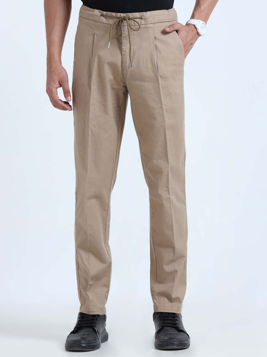 Khaki  Lazy Linen Pleated Trousers For Men