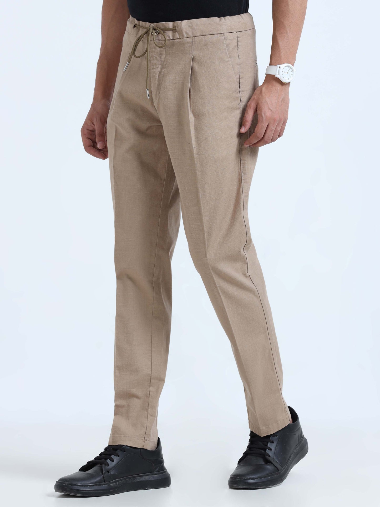 Khaki  Lazy Linen Pleated Trousers For Men