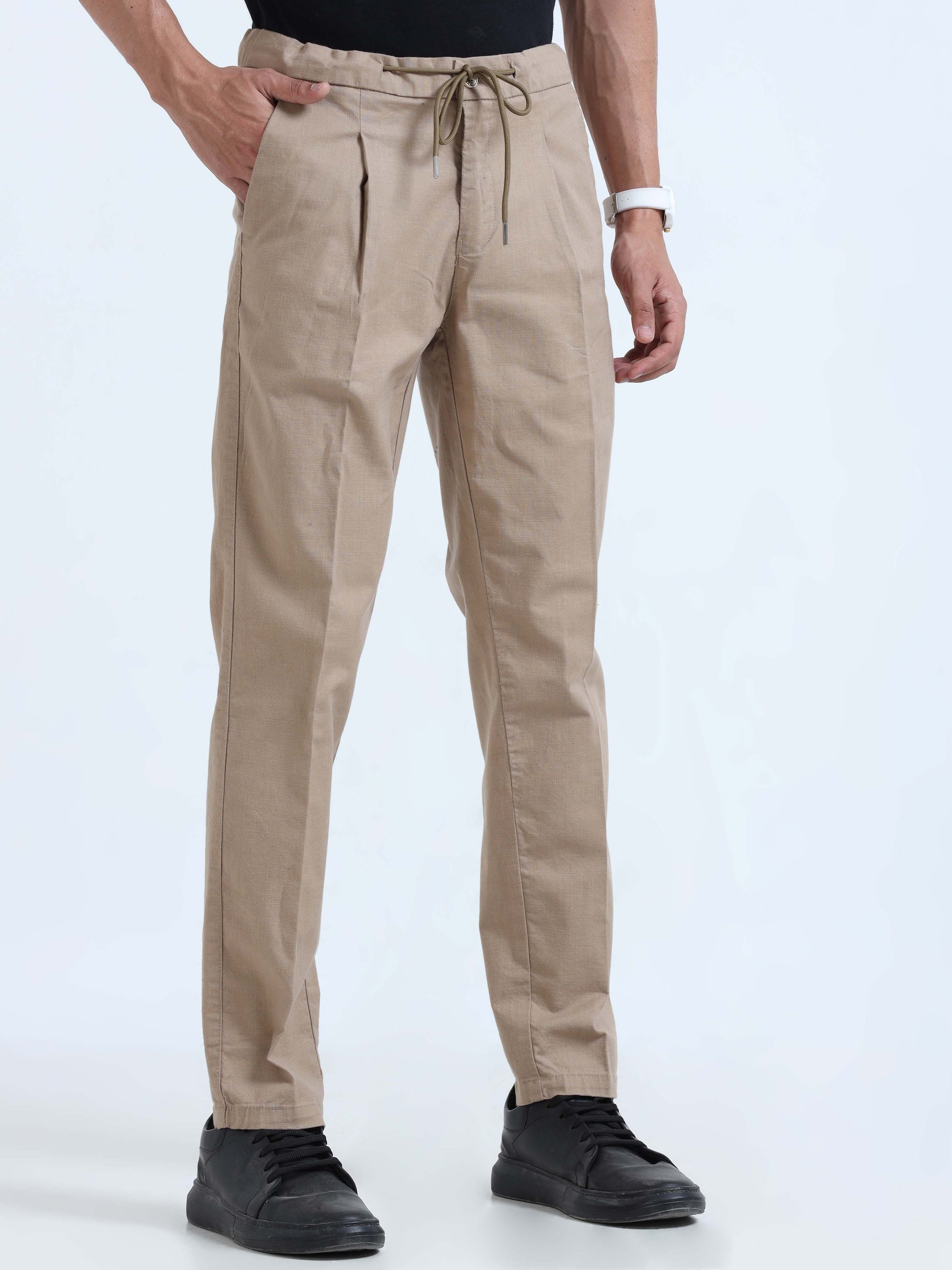 Khaki  Lazy Linen Pleated Trousers For Men