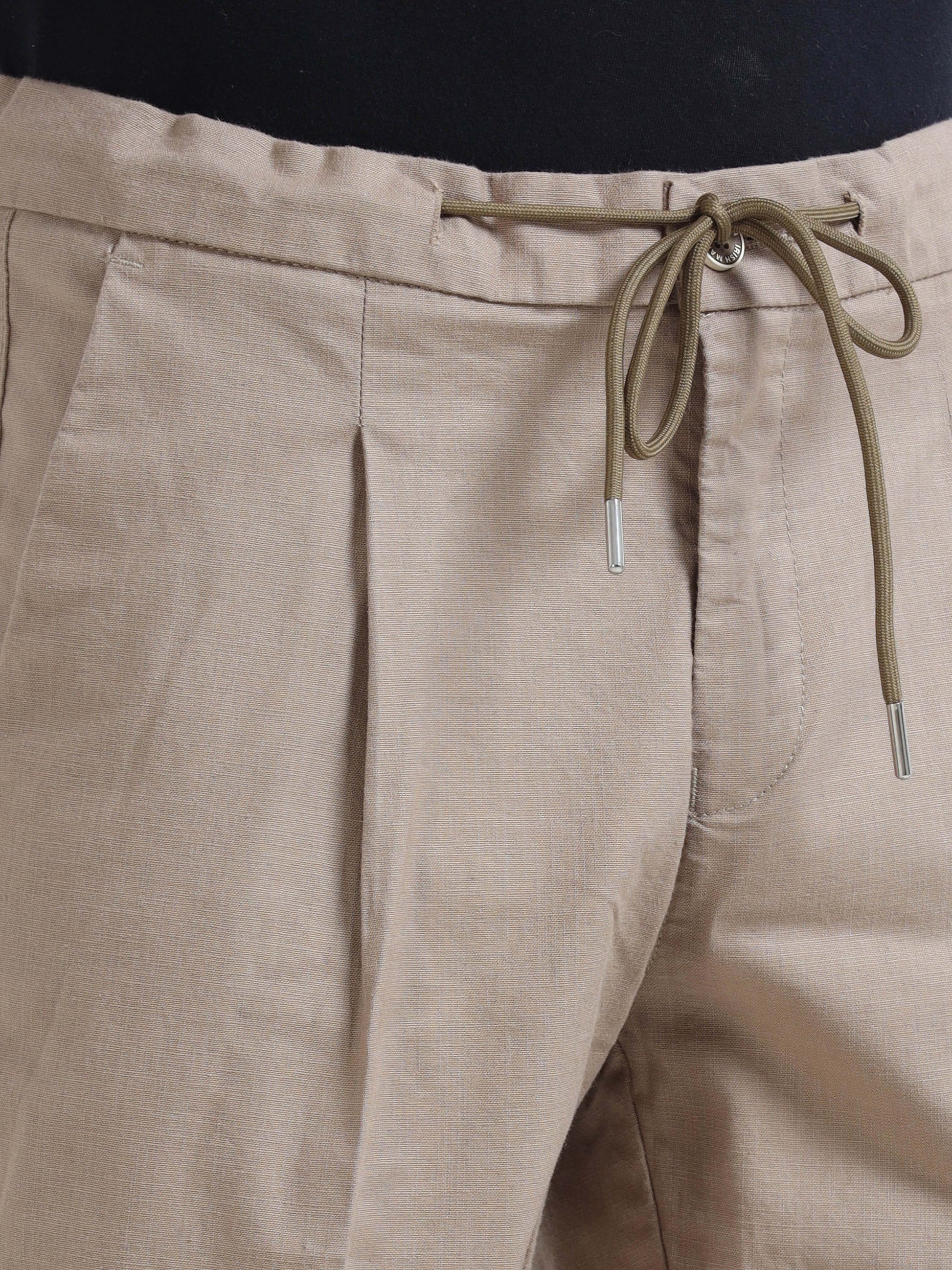 Khaki  Lazy Linen Pleated Trousers For Men