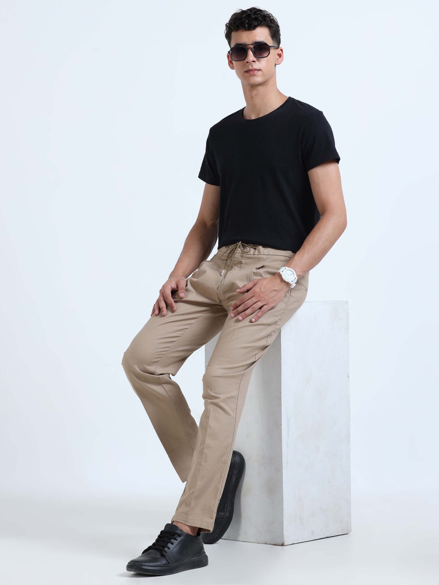 Khaki  Lazy Linen Pleated Trousers For Men